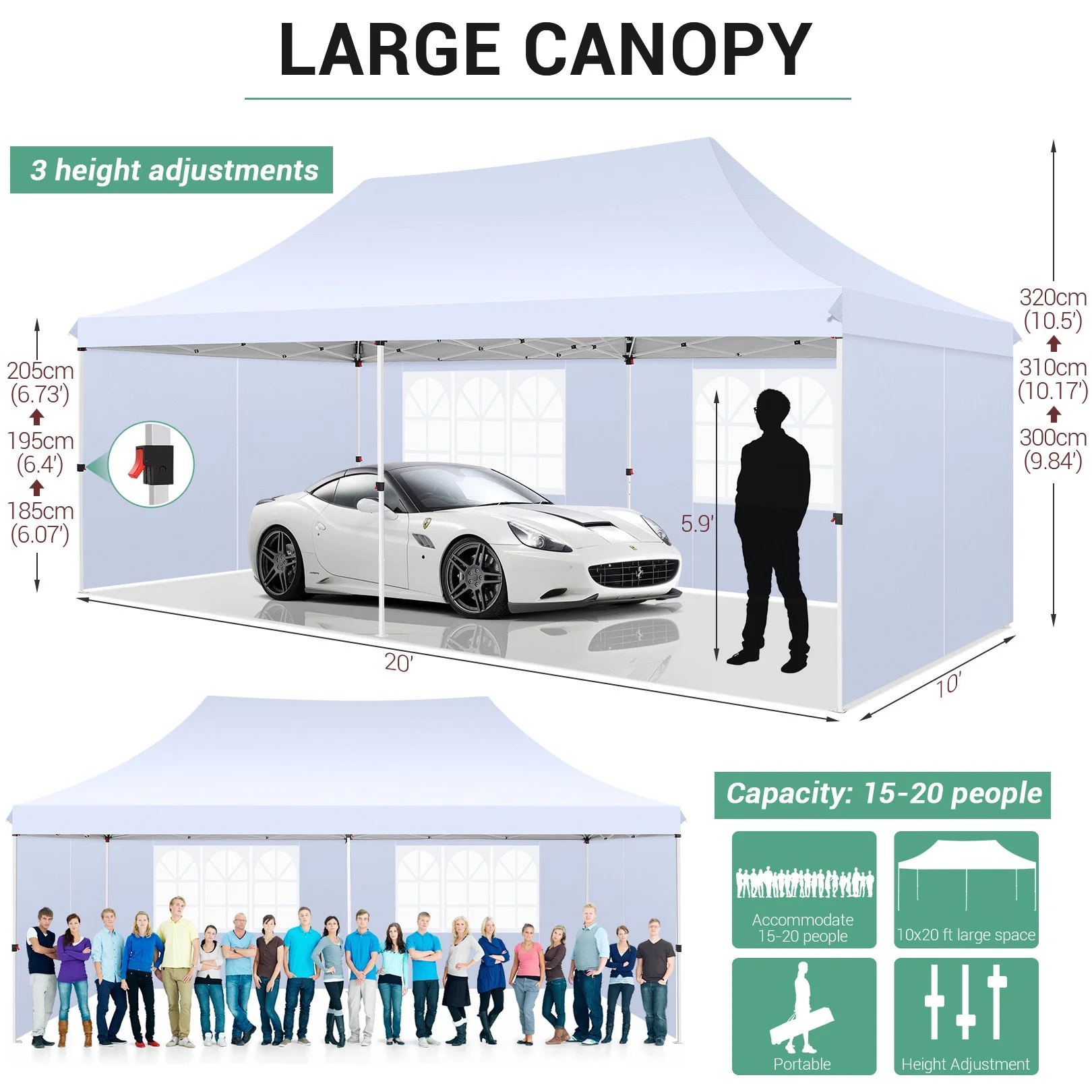 SANOPY 10' x 20' Outdoor Canopy Tent EZ Pop up Canopy Party Tent Outdoor Event Instant Tent Gazebo with 6 Removable Sidewalls & Carry Bag for Camping Wedding Picnic(Blue) - Womvr
