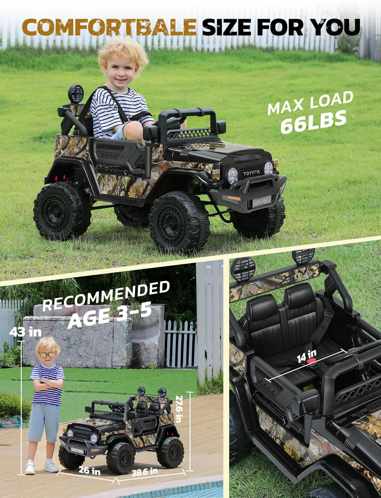 Toyota FJ Cruiser Ride on Car, 12V Powered Off-Road Toys for Kids w/ Remote,Spring Suspension,6 LED Lights,Camo Green - Womvr