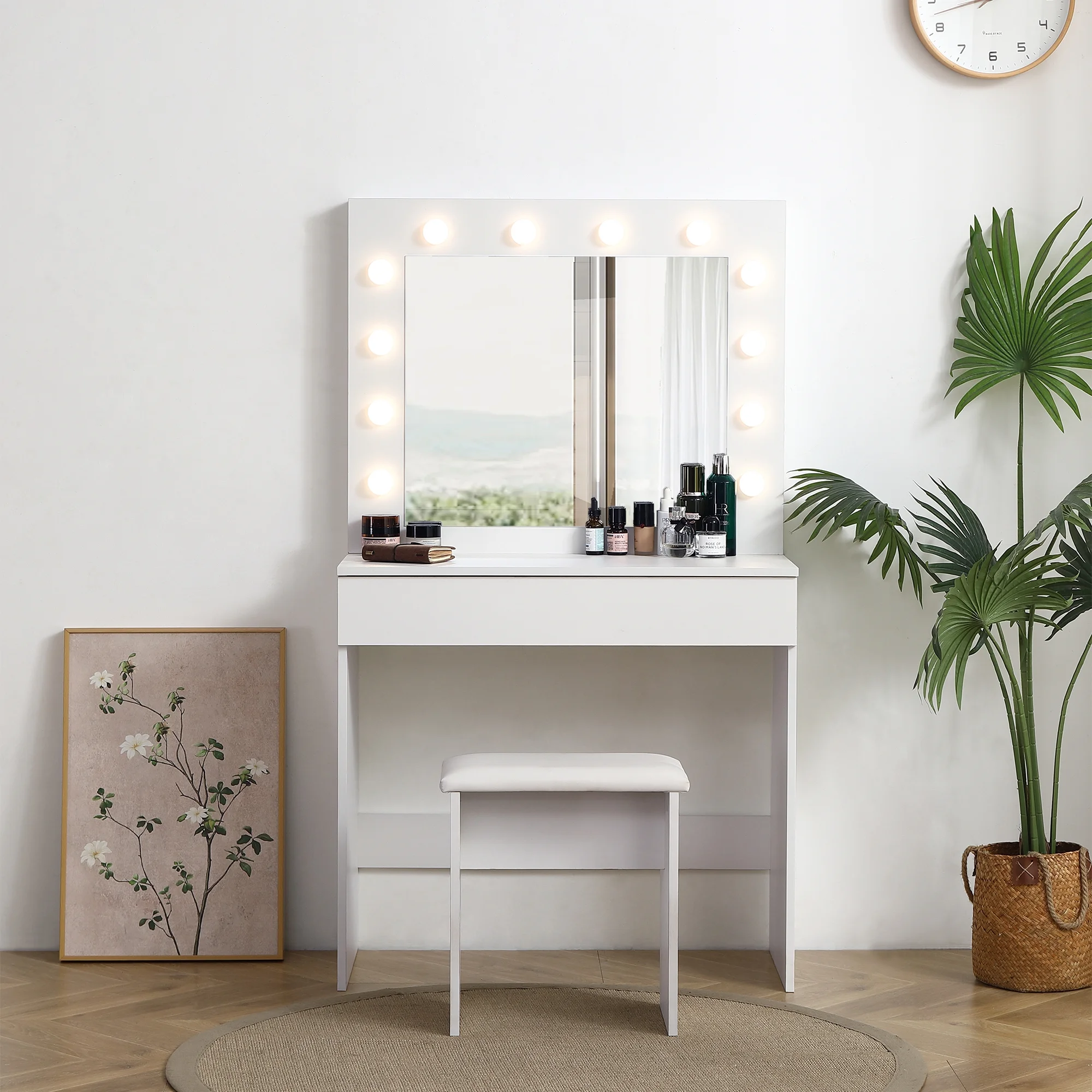 Kadyn Vanity Table with Large Sliding Lighted Mirror, Dressing Table with 2 Drawers, Storage Shelves and Upholstered Stool, White - Womvr