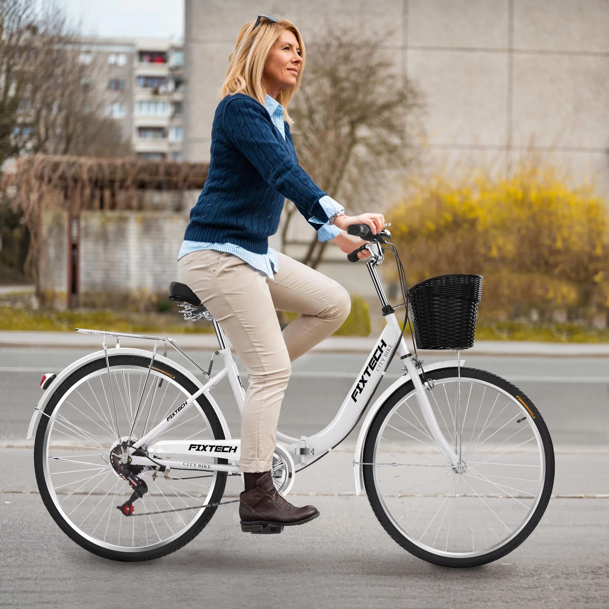 FIXTECH 26 Inch 7 Speed Foldable City Bike, Cruiser Bike, Carbon Steel Bicycle for Adults, White - Womvr