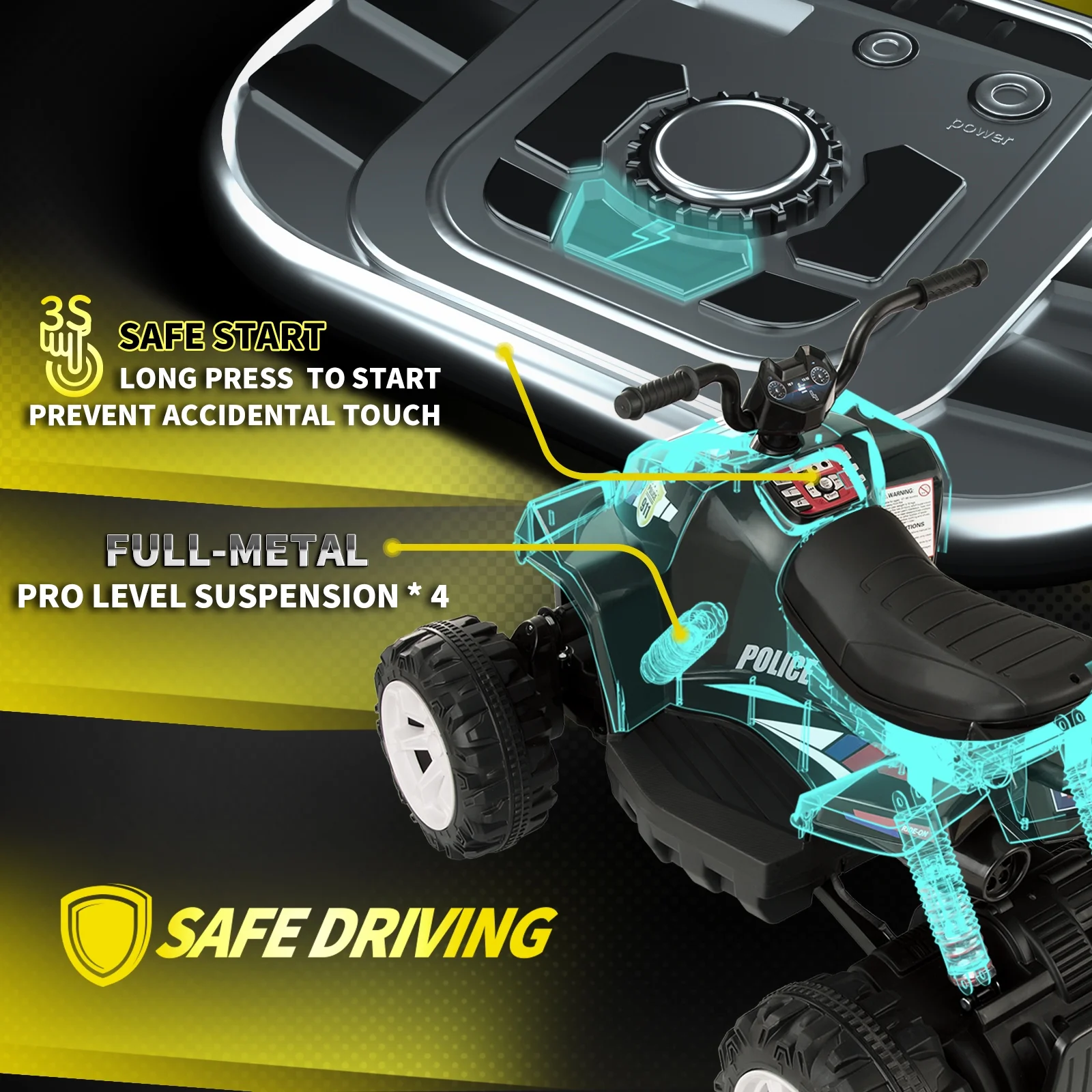 Blitzshark 24V Kids Ride on ATV 4WD Quad Powerful 4-Wheeler, with Big Battery, 6 MPH Speed, Metal Suspension, Police Rider - Womvr