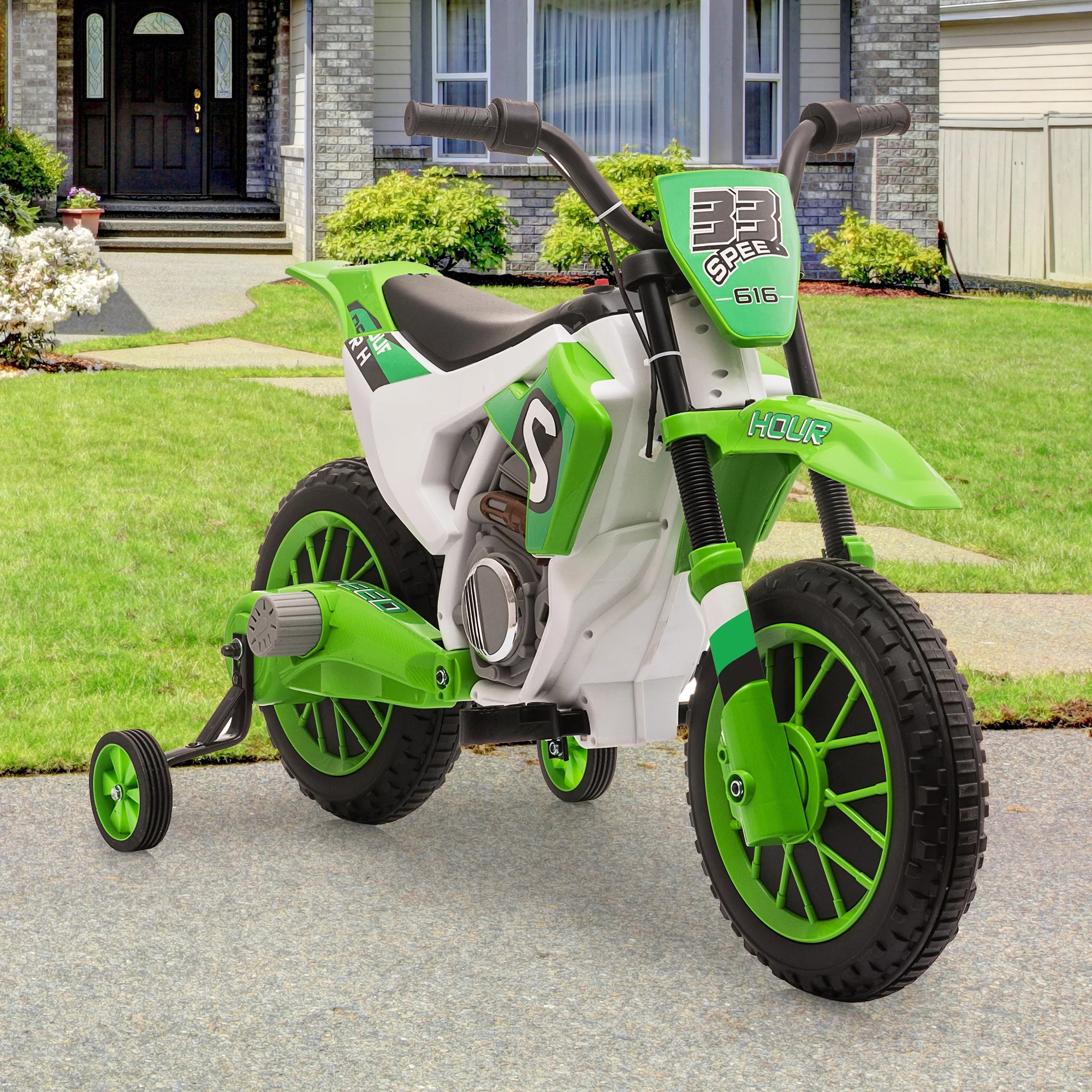 TOBBI 12V Kids Motorcycle off- Road Ride on Dirt Bike W/ Training Wheels, Age 3-8 Toddlers, Green - Womvr