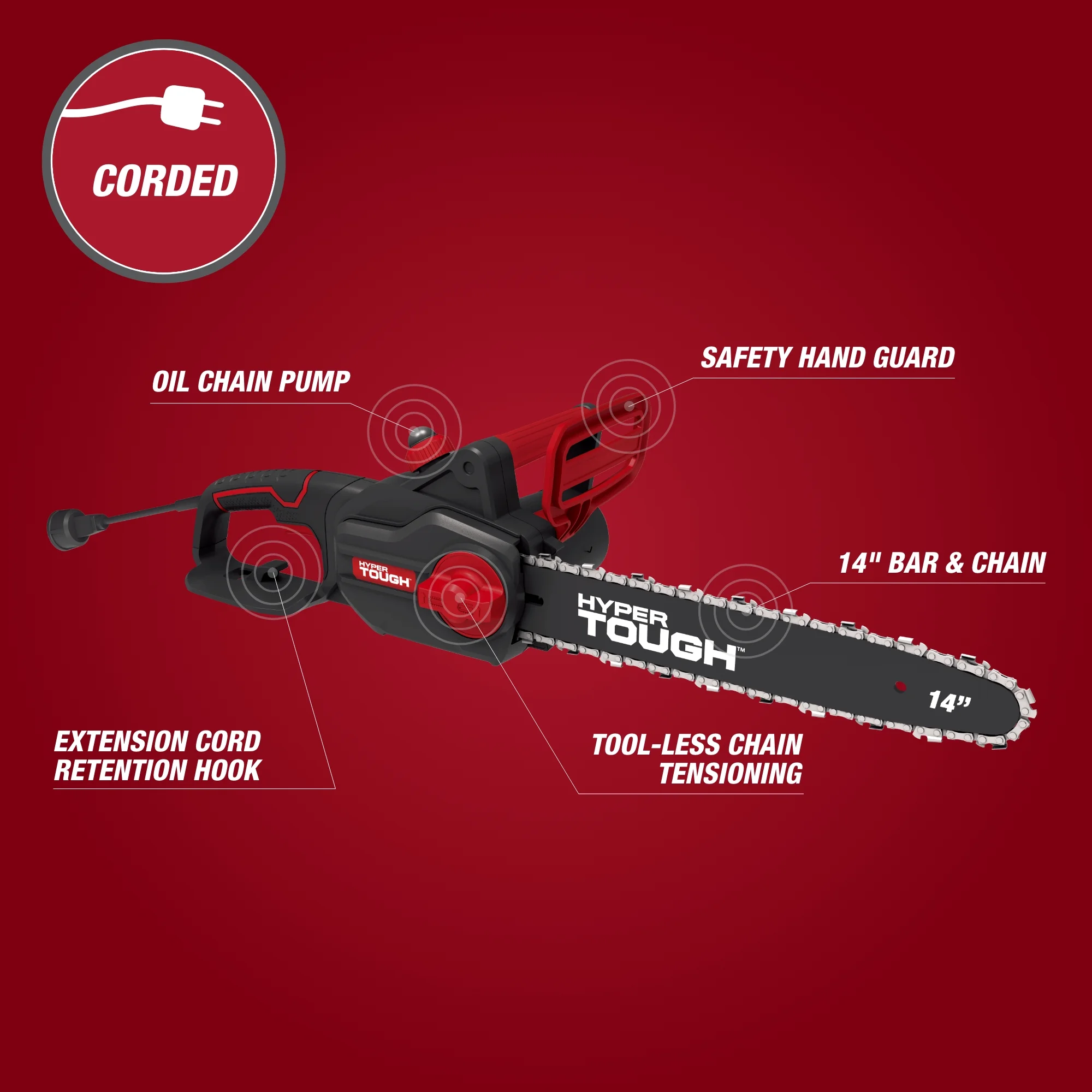 Hyper Tough 16-Inch Electric Chainsaw, 15-Amp Motor with Automatic Oiler, Tool-less Chain Tension, Metal Bucking Spikes included - Womvr