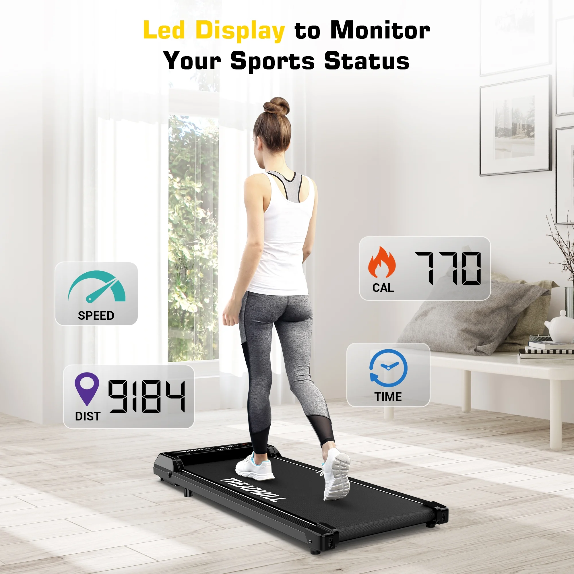Under Desk Treadmill Walking Pad Portable 265lbs 2.25HP with Remote, Led Display for Home, Black - Womvr