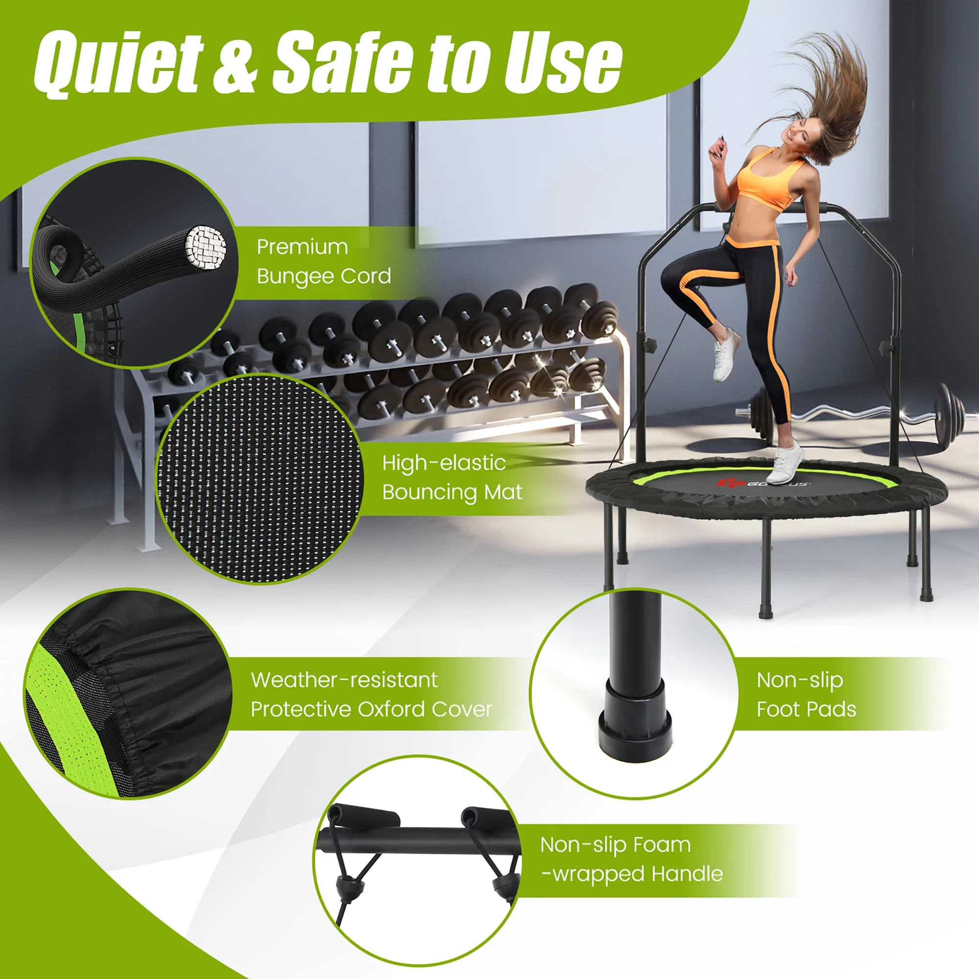 Costway 40'' Foldable Trampoline Fitness Rebounder with Resistance Bands Adjustable Home Green - Womvr