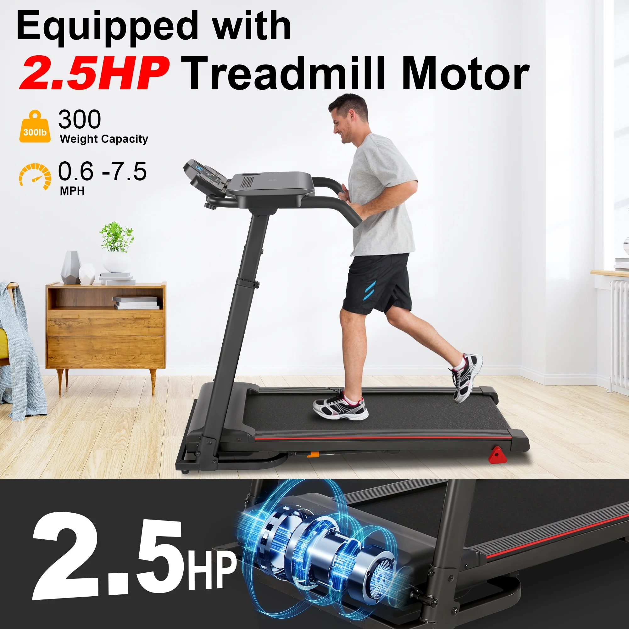 Tikmboex 300Lbs Treadmill with Desk - 2.5 HP Portable Folding Treadmill for Home, Running Machine with Incline（Gray） - Womvr