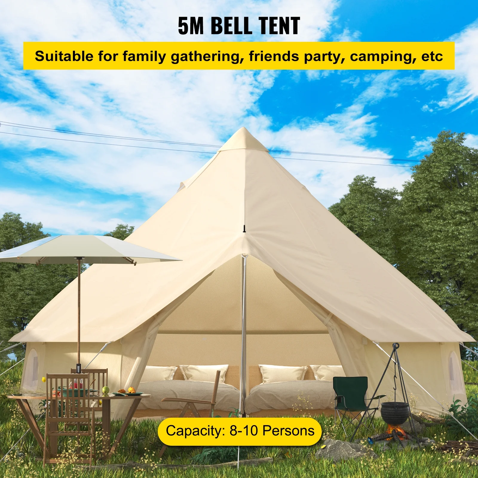 BENTISM 4-Season 8-10 People Large Waterproof Cotton Canvas Bell Tent With Stove for Camping Parties(5M Dia) - Womvr