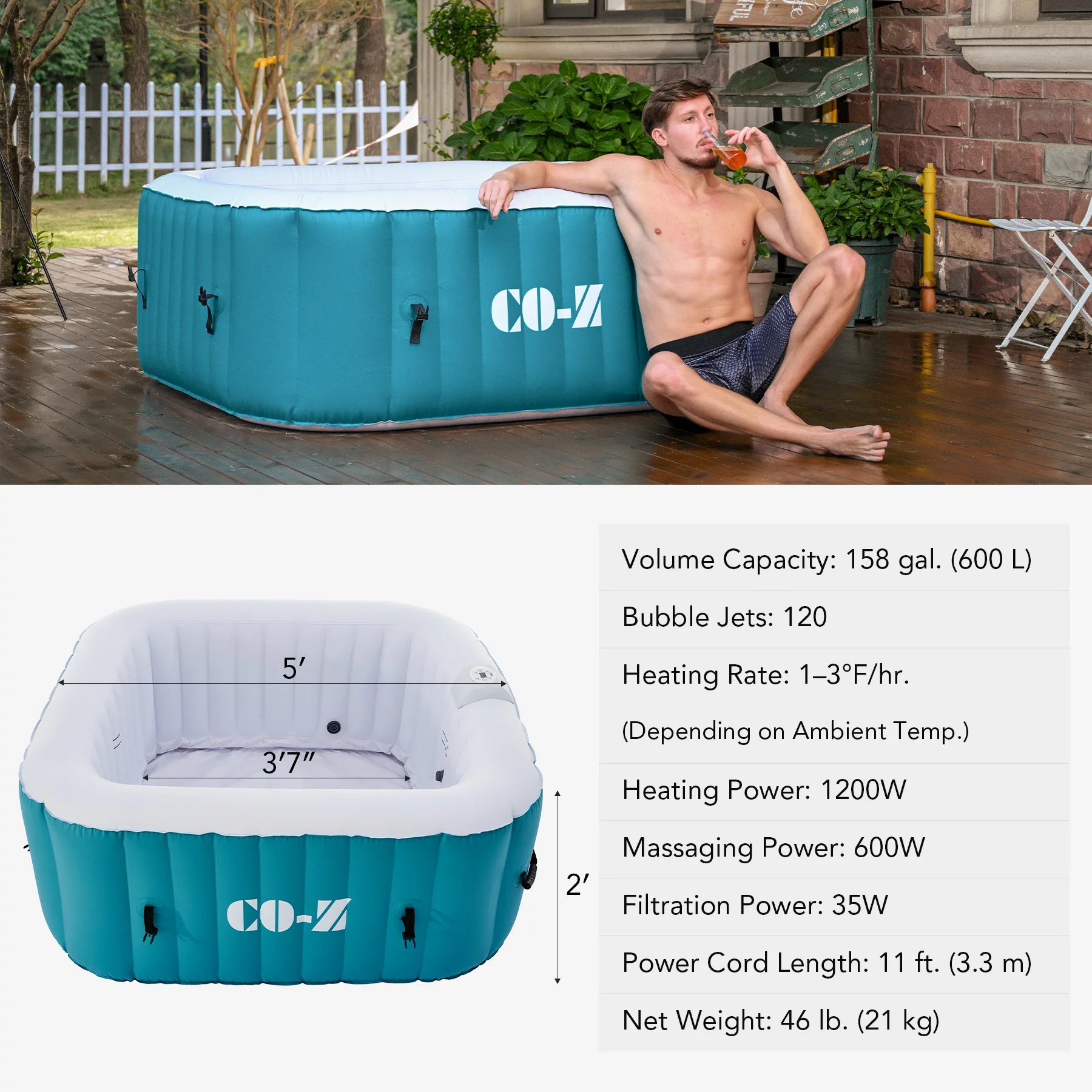 CO-Z 4-6 Person 7' Blow-Up Hot Tub with 130 Air Jets Cover Electric Pump Portable Pool, Gray - Womvr