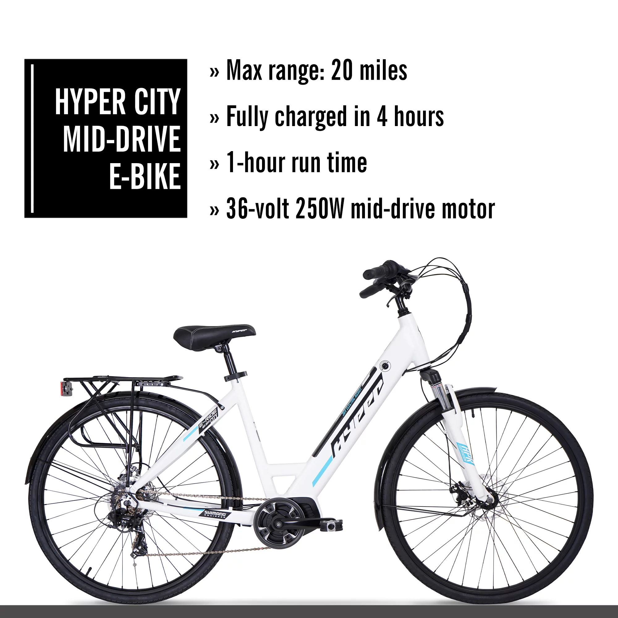 Hyper Bicycles 36V 700C Commuter Electric Bike for Adults, Pedal-Assist, 250W Mid-Drive E-Bike Motor, Matte White - Womvr