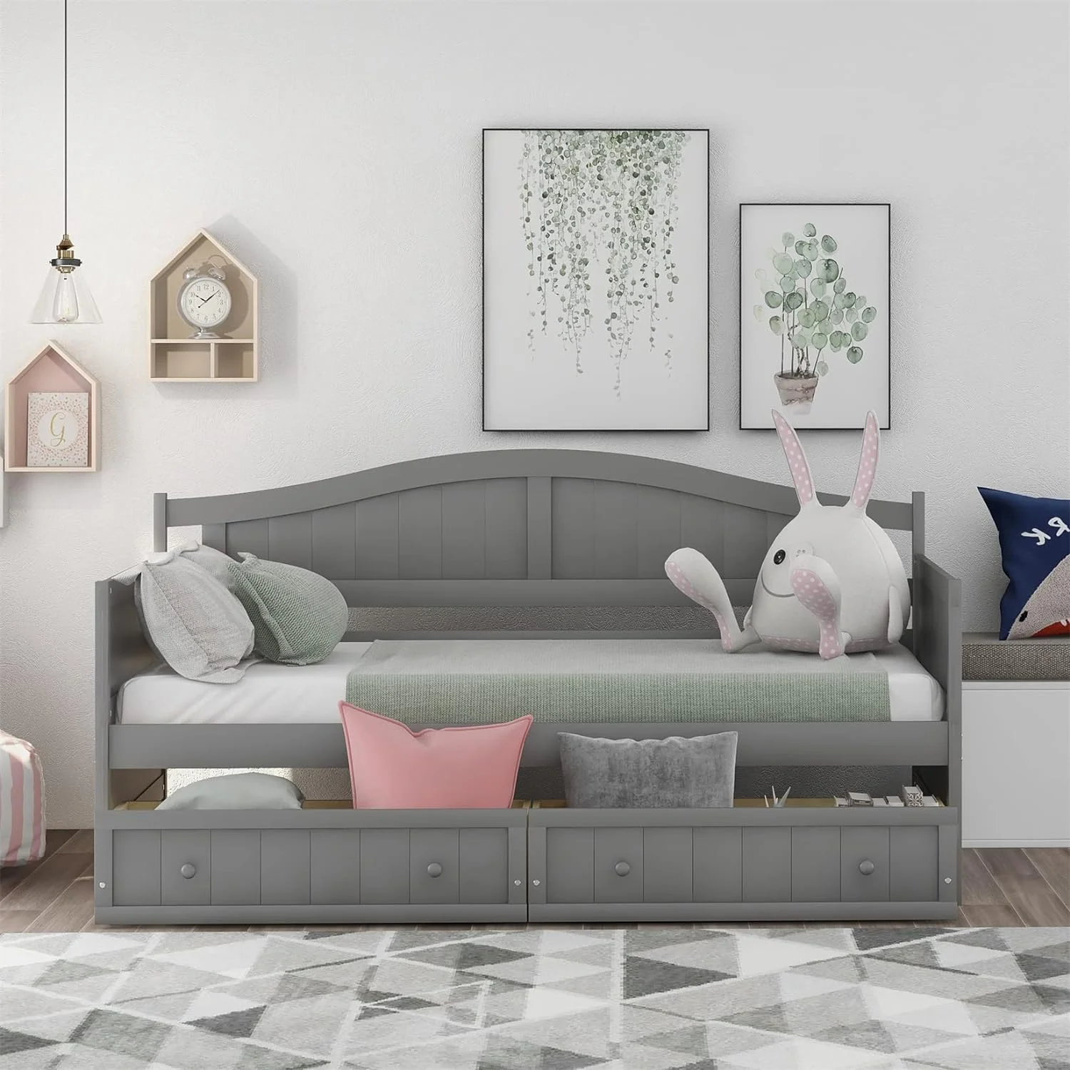 Daybed With Storage Drawers Wood Day Bed Frame For Living Room Bedroom Dual-Use Sofa Beds For Kids Guests Sleepovers. Gray - Womvr
