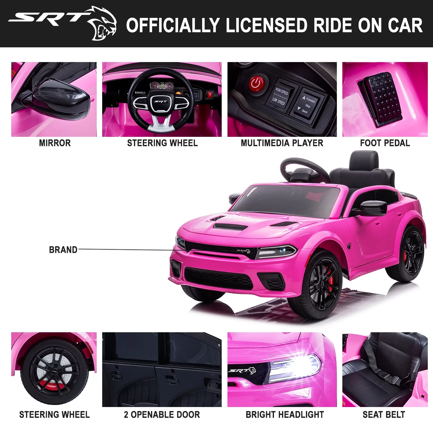 uhomepro Black 12 V Dodge Charger SRT Hellcat Battery Powered Ride on Cars with Remote Control, Bluetooth, LED Light and MP3 Player - Womvr