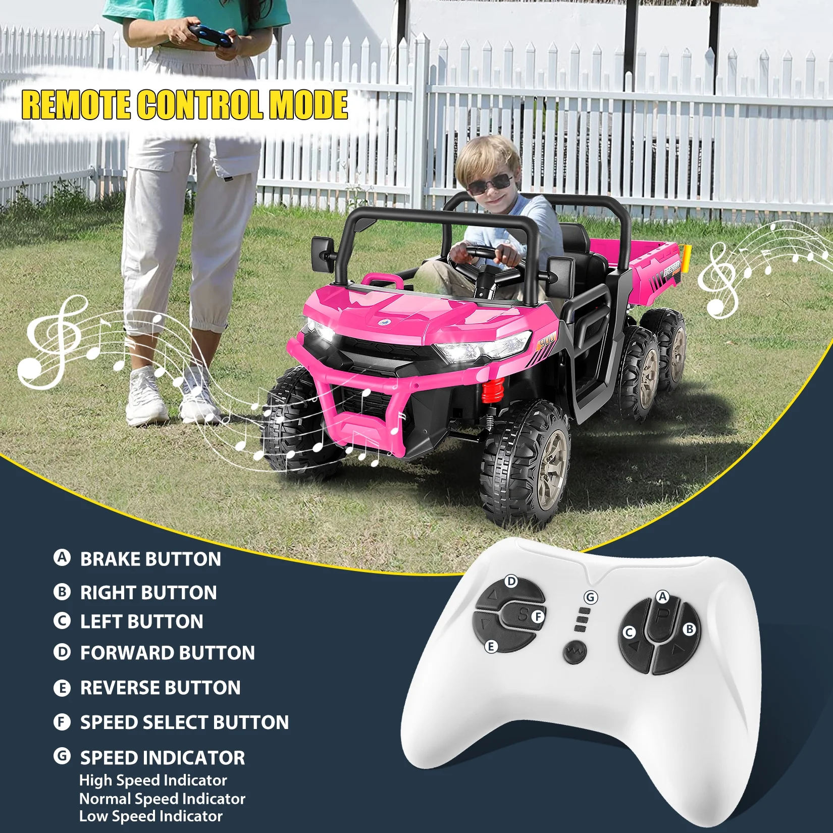 Funcid 24 V 4WD Kids Kids Ride on UTV with Remote Control, 2 Seater 6-Wheel Ride on Dump Truck Car, Ride on Toys w/ Tipping Bucket Trailer & Shovel,Bluetooth Music, Black - Womvr
