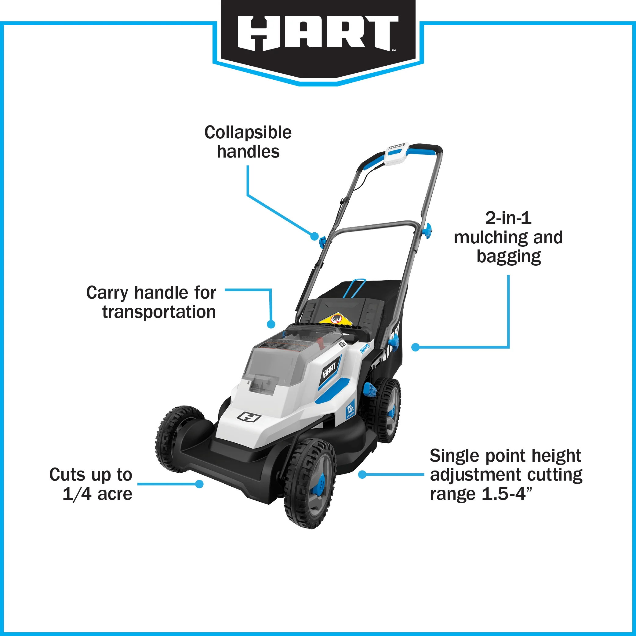 HART 20-Volt 13-inch Push Mower Kit, (1) 4.0Ah Lithium-Ion Battery - Womvr