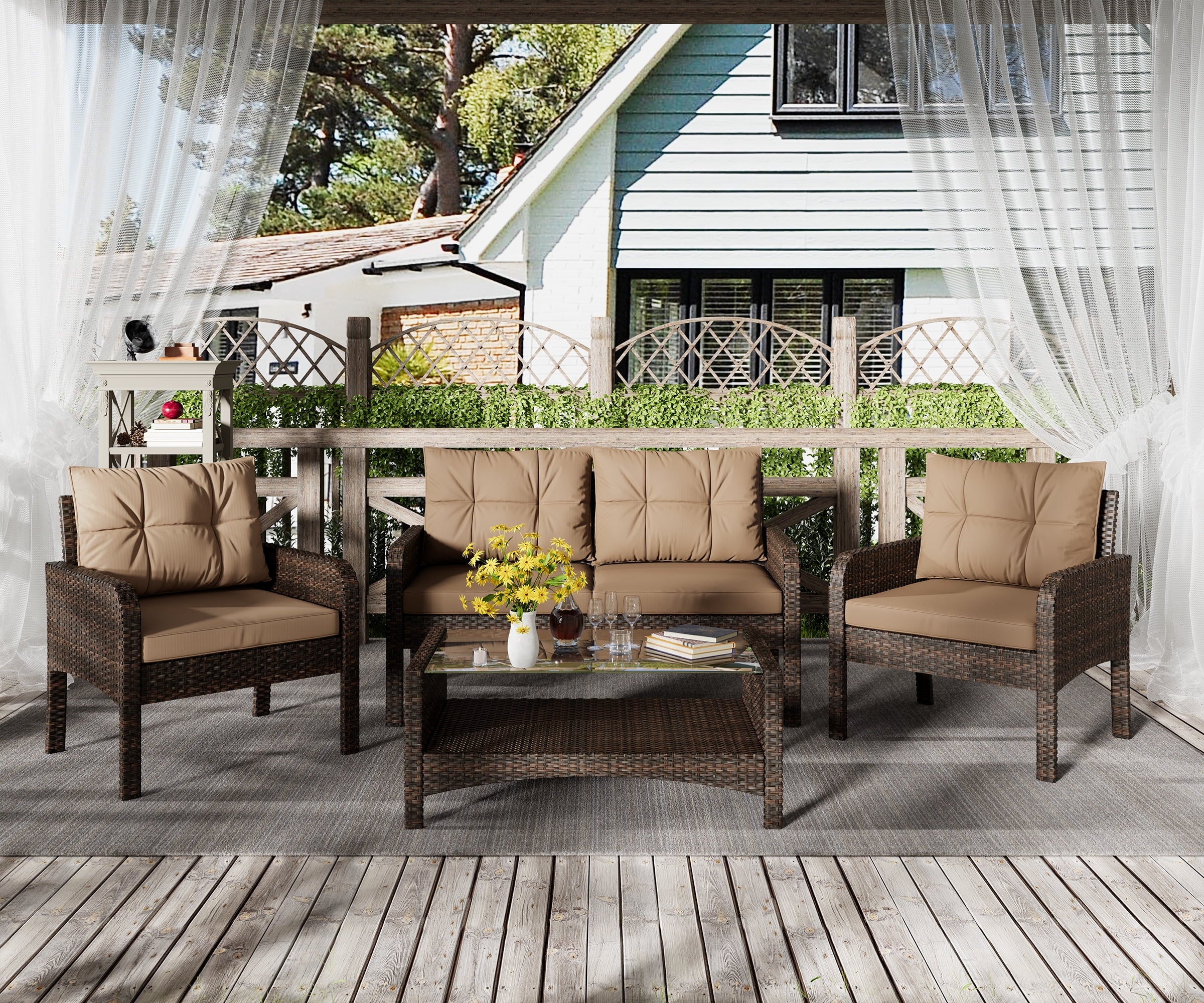 Bifanuo 4-Piece Patio Furniture Set Outdoor Rattan Wicker Sofa Set with Cushions & Coffee Table, Conversation Sofa Set with Tempered Glass Table Top - Womvr