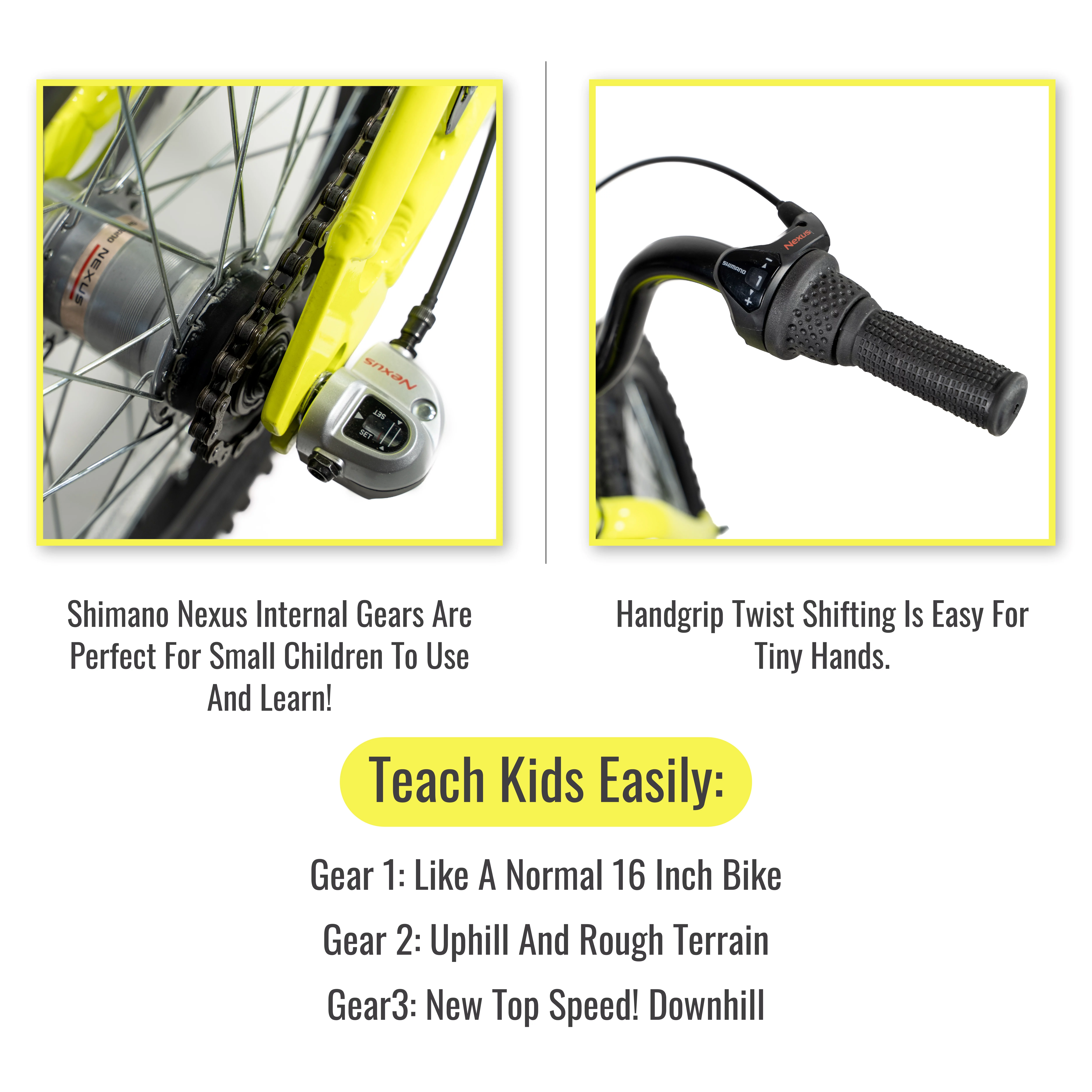 Adept 16 3S Freewheel OVERSTOCK SALE! by Adept Family brand. Lightweight 3 Speed 16 Inch Kids Bike with Shimano Internal Gears. The only 16 inch bikes with gears. 16 inch mountain bike. - Womvr