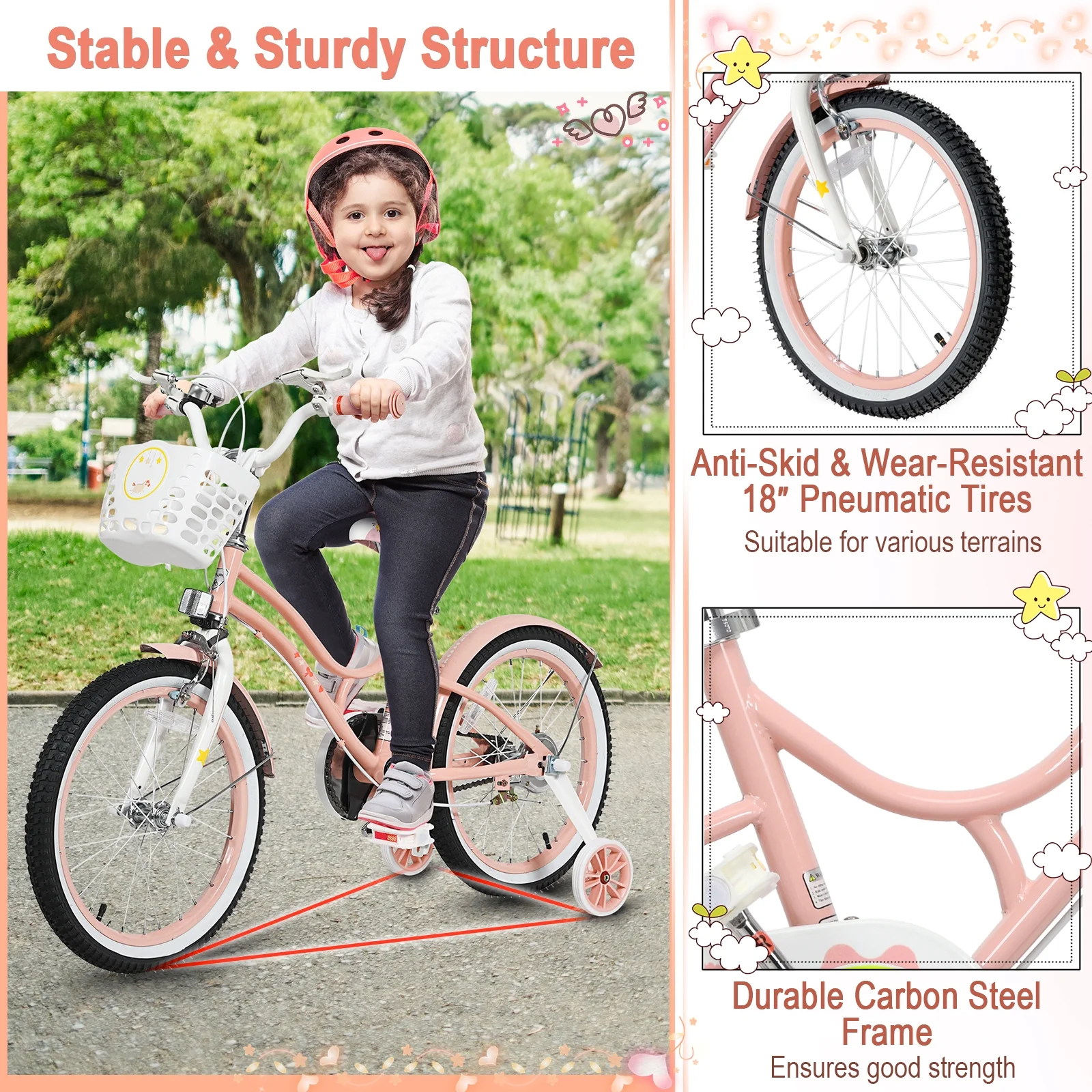 Babyjoy 18 Inch Kid Bike 95% Pre-Assembled Girls Bicycle with Training Wheels & Basket Age 6-9 Years Old Purple - Womvr