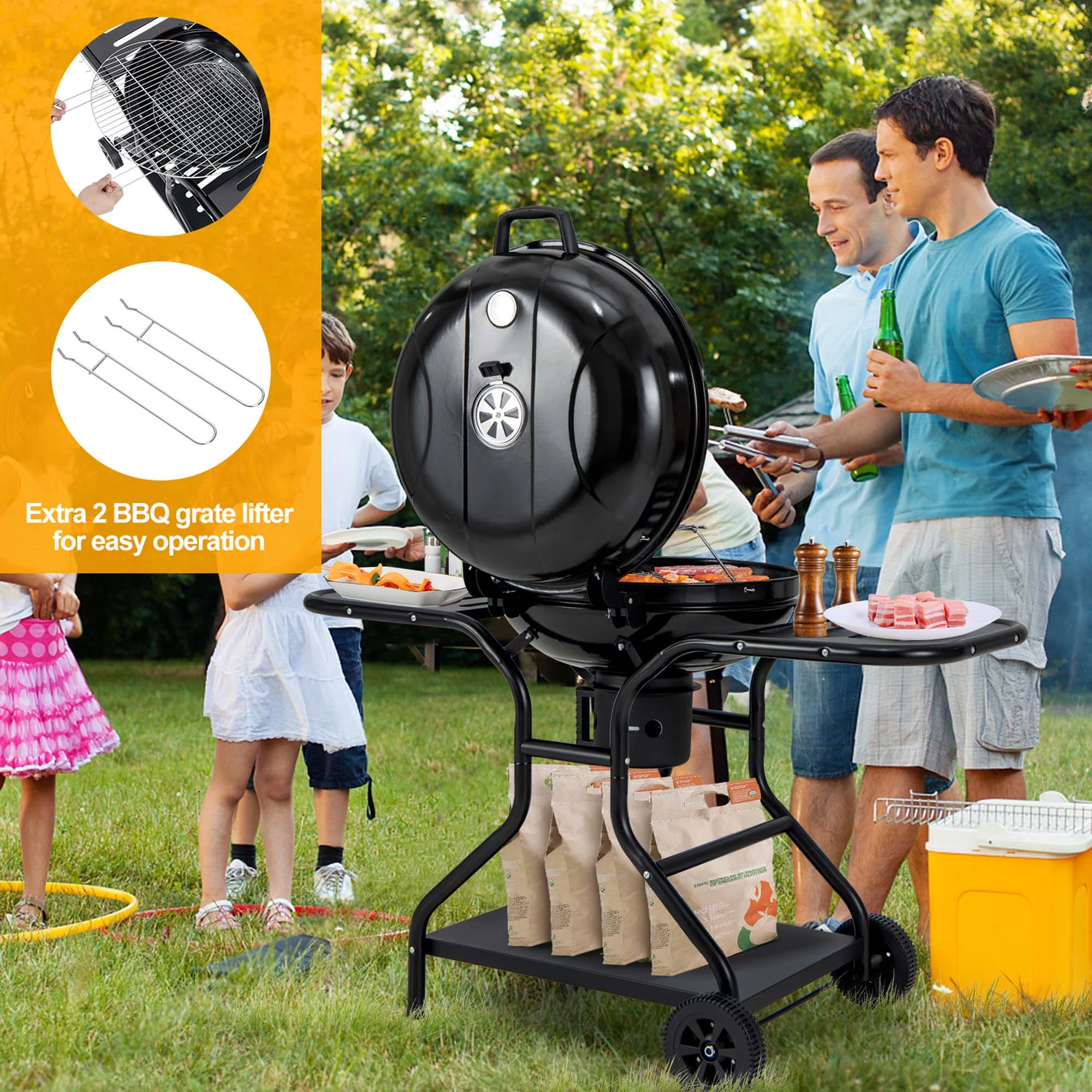 Costway 22 inch Charcoal BBQ Grill with Built-In Thermometer Wheels Side & Bottom Shelves - Womvr