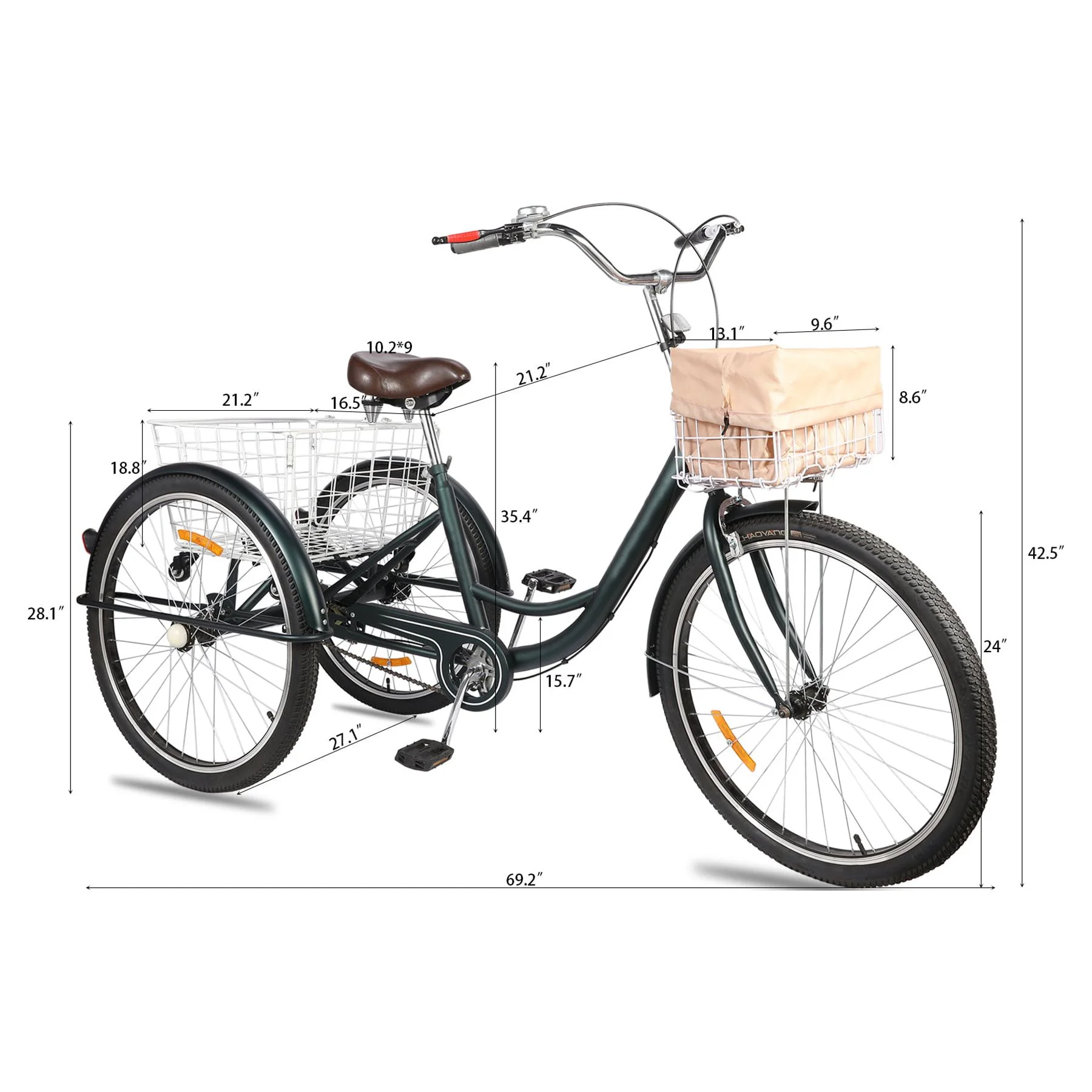 Viribus 26 Inch Single Speed Adult Tricycle,3 Wheels Cruiser Bike with Removable Wheeled Basket, Dustproof Bag, Lights & Bell for Cycling Shopping Picnic ,Hybrid Beach Trike for Men & Women, Pink - Womvr