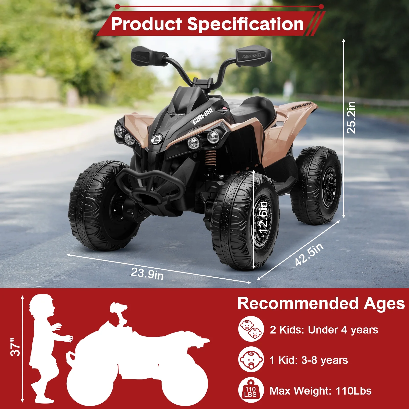24V Ride on Toys, 4 Wheeler ATV for Kids with 2 Seater, 4x200W Motors, 4WD/2WD Switchable, Khaki - Womvr