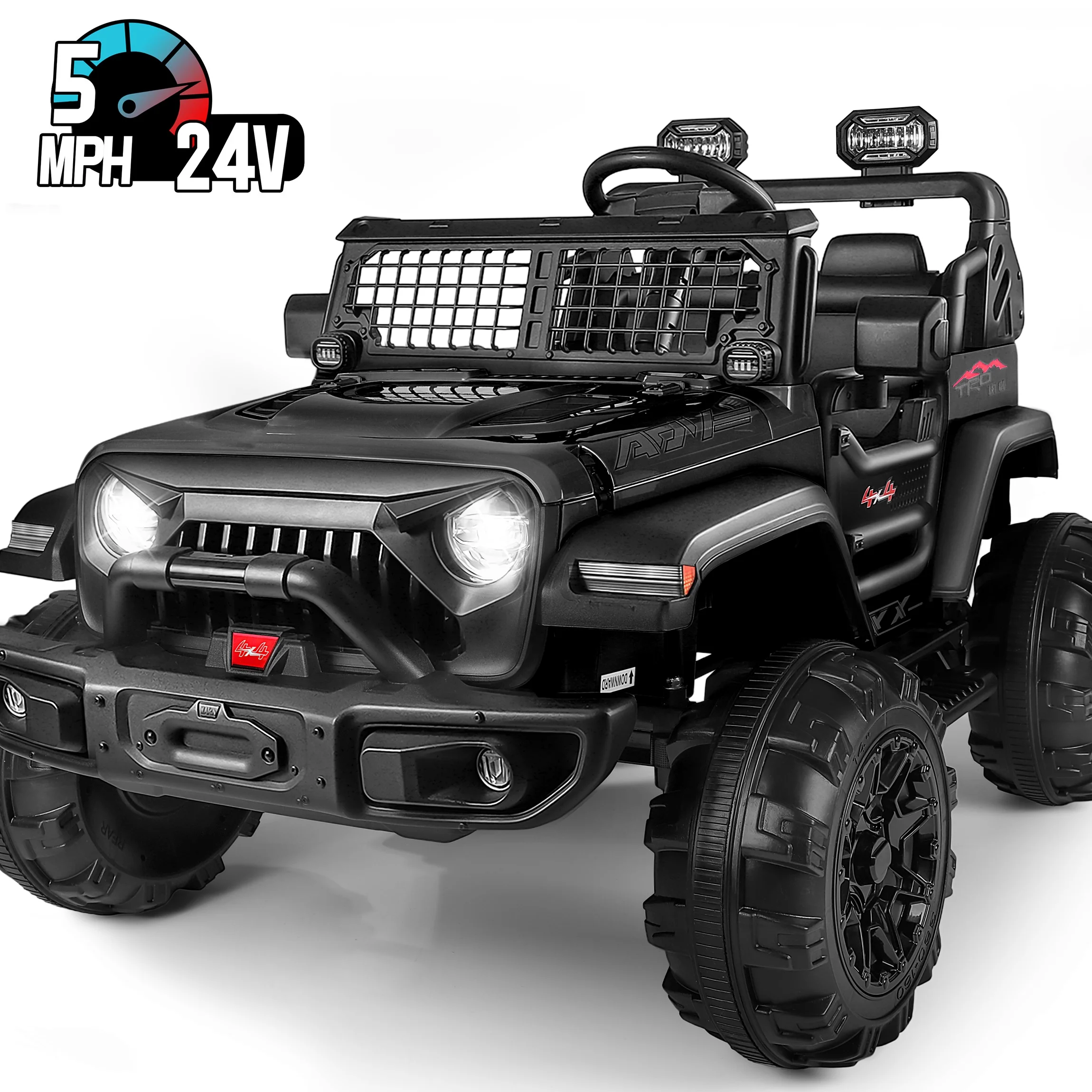 Wisairt 24V Kids Ride on Truck, 2 Seater Powered Ride on Car w/ Remote Control and Storage Space, 3 Speeds, Bluetooth, LED Lights (Black) - Womvr