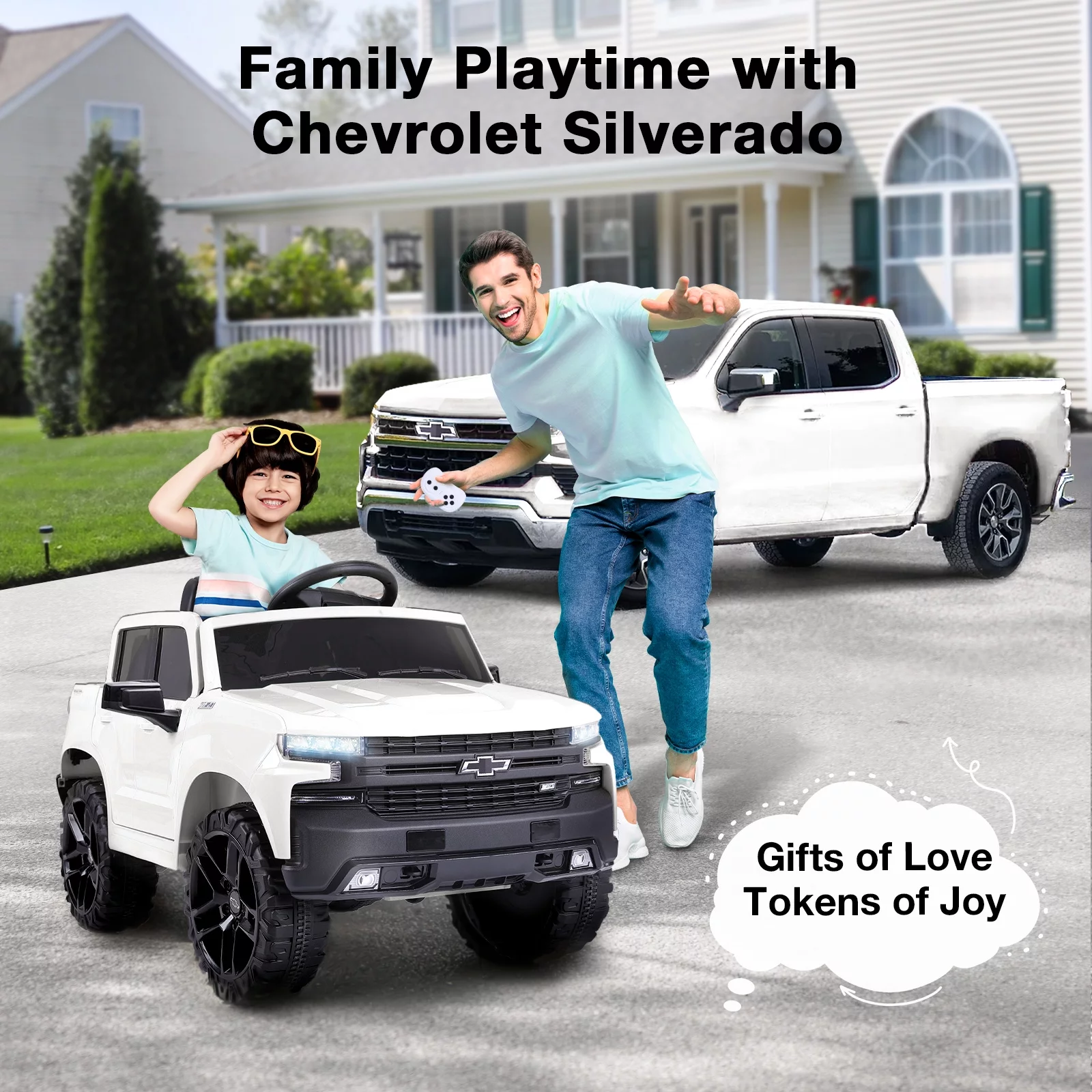 FUNTOK Licensed Chevrolet Silverado 12V Kids Electric Powered Ride on Toy Car with Remote Control & Music Player, Black - Womvr