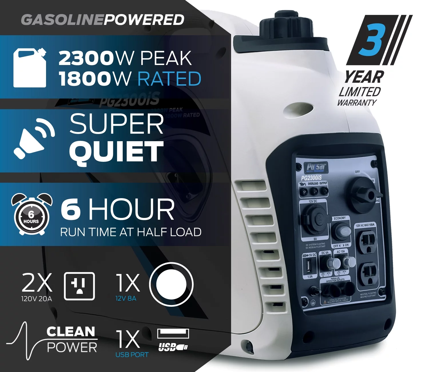 Pulsar 2300-Watt Super Quiet Gasoline Powered Inverter Generator with USB - Womvr