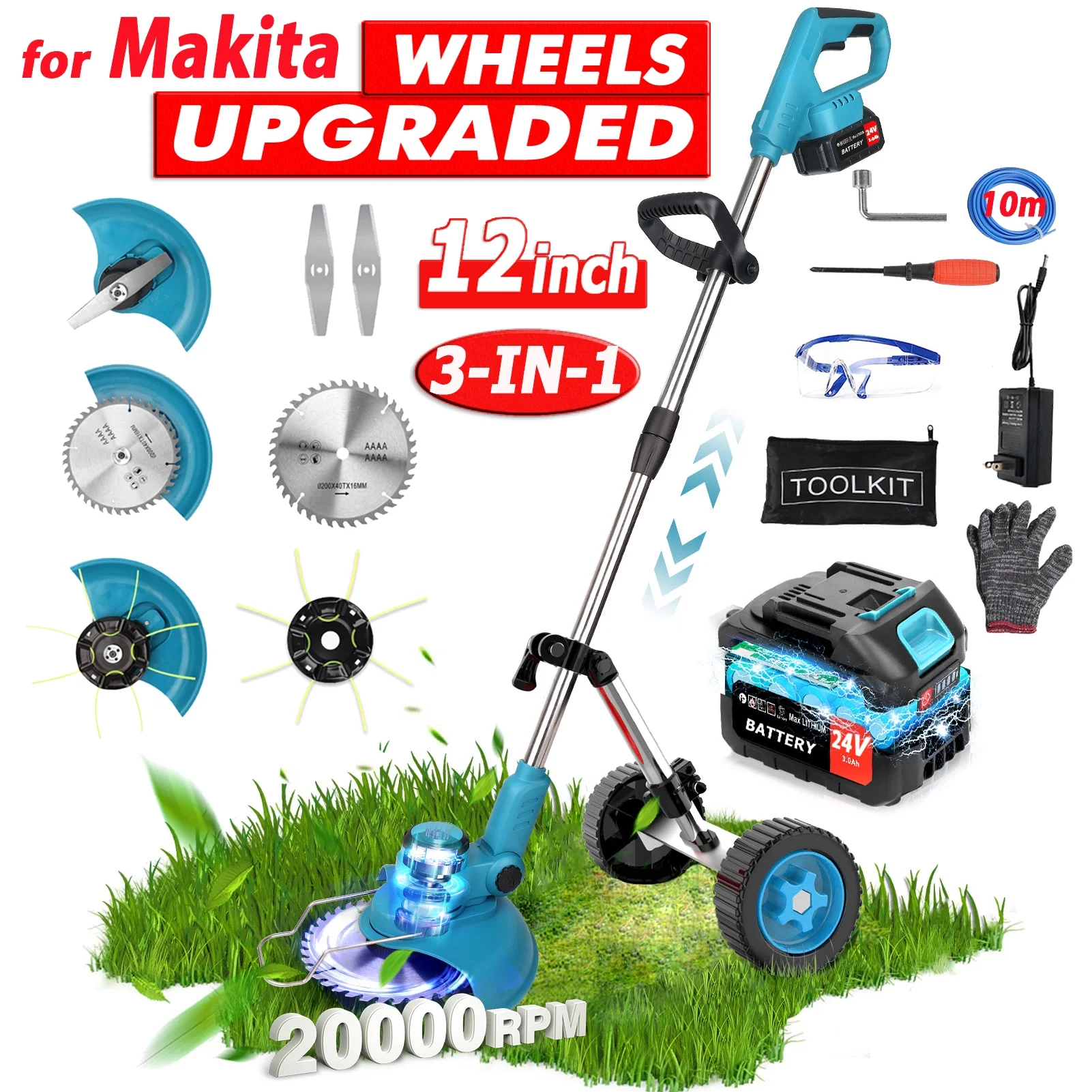 Grass Trimmer Cordless Electric String Trimmer & Edger, Tanbaby 3 in 1 Weed Wacker Kit with 3.0Ah Battery & Charger - Womvr