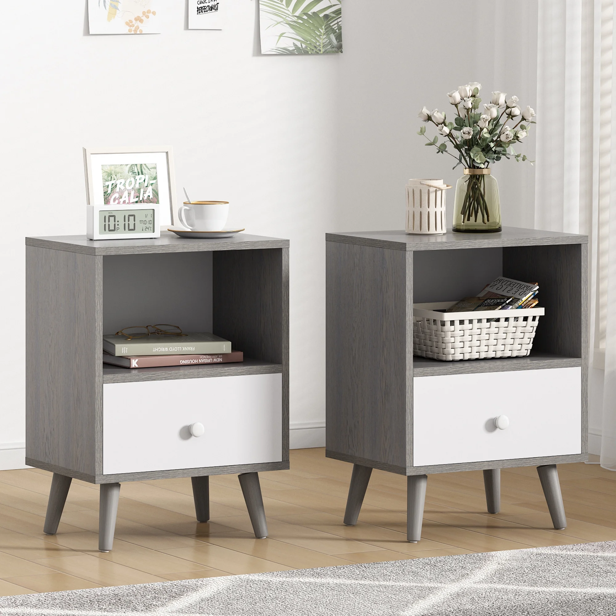 JAXPETY Nightstands Set of 2, Night Stand with 1 Drawer and Open Shelf Storage, End Table, Side Table, for Bedroom, Living Room, Natural Wood & White - Womvr