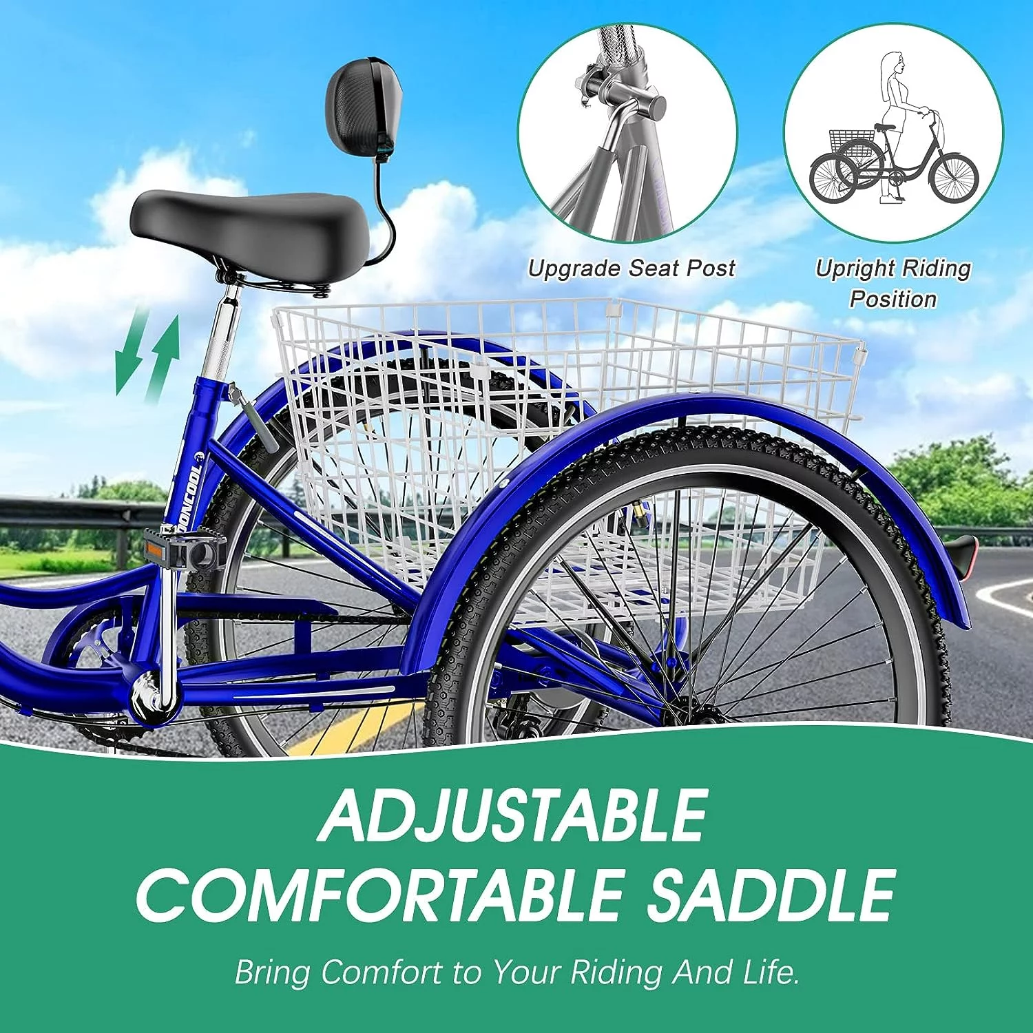 MOONCOOL Adult Tricycles with Rear Basket, 24 26 inch 7 Speed 3 Wheel Bikes, Three-Wheeled Bicycles Adult Trike with Backrest for Seniors, Women, Men - Womvr
