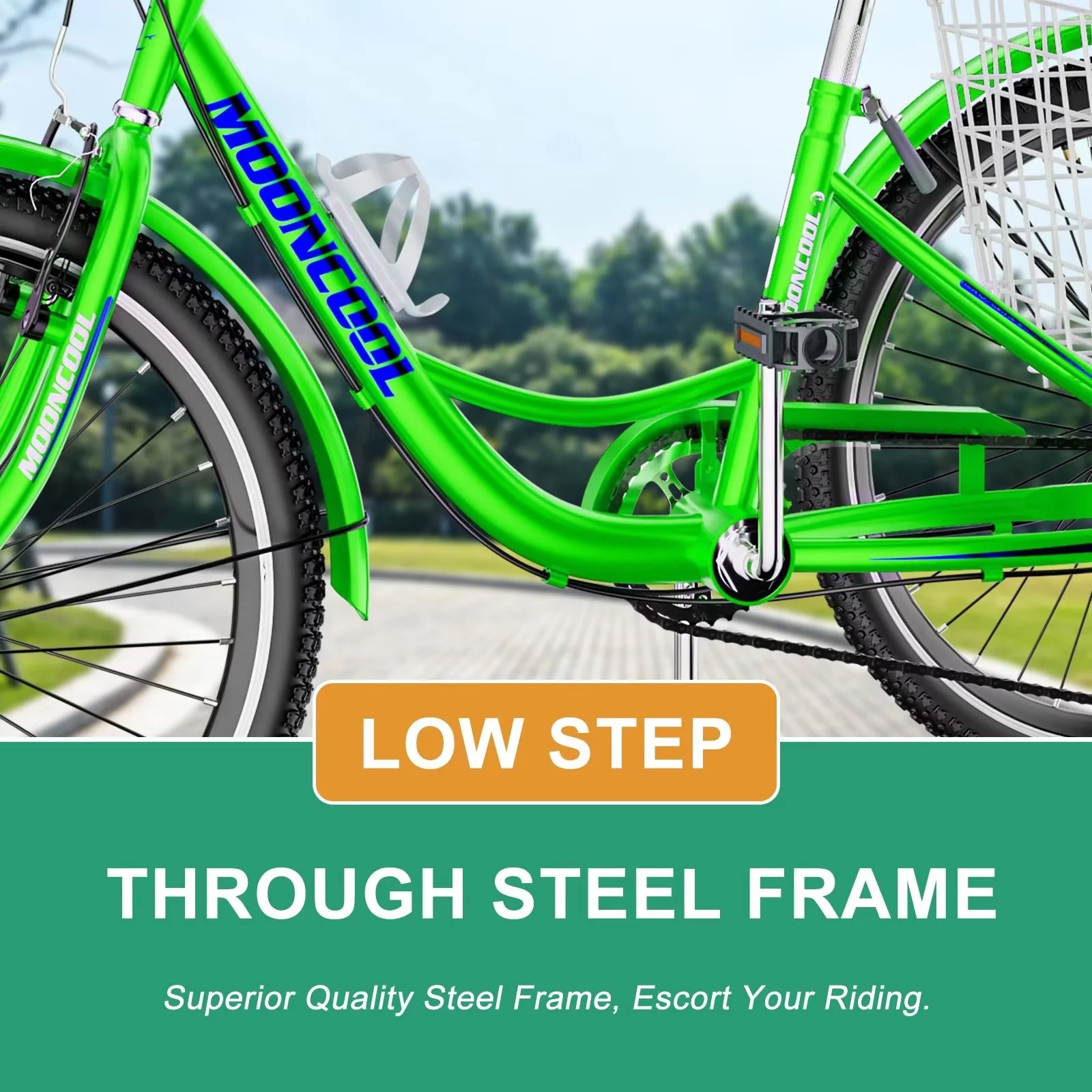 MOPHOTO Adult Tricycle for Seniors (Cyan, 26inch /7-Speed), Low Frame Three Wheel Bikes with Large Basket & Bell, 3 Wheel Cargo Bicycle, Safe and Durable Trike - Womvr