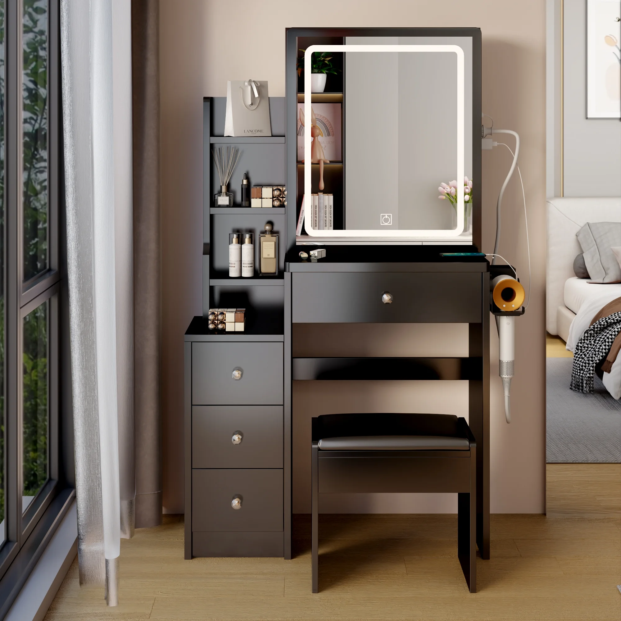 Kadyn Vanity Table with Large Sliding Lighted Mirror, Dressing Table with 2 Drawers, Storage Shelves and Upholstered Stool, White - Womvr