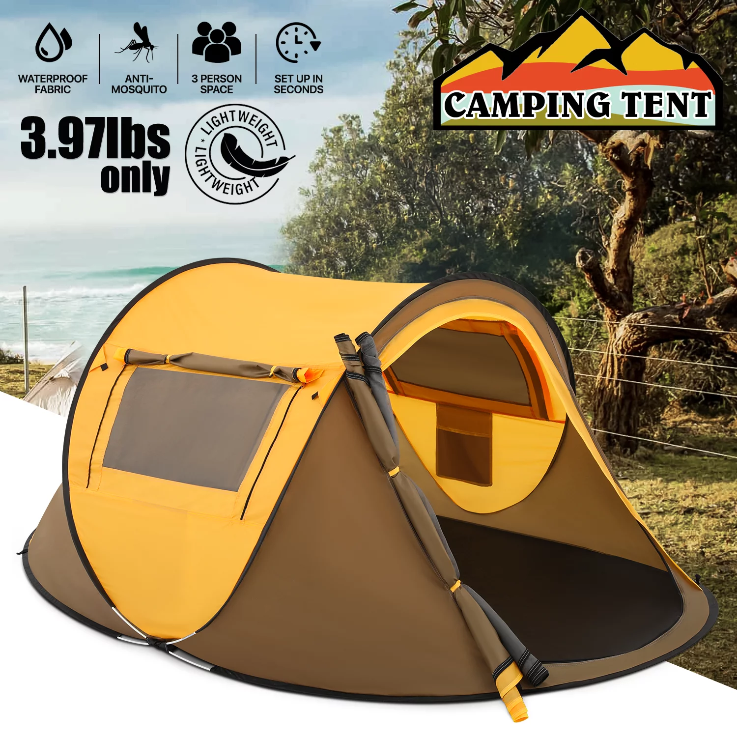 MoNiBloom Tent 3 Person Outdoor Pop Up, Family Travel Weatherproof Tent, 2 Doors and Side Windows with Carry Bag, Yellow - Womvr