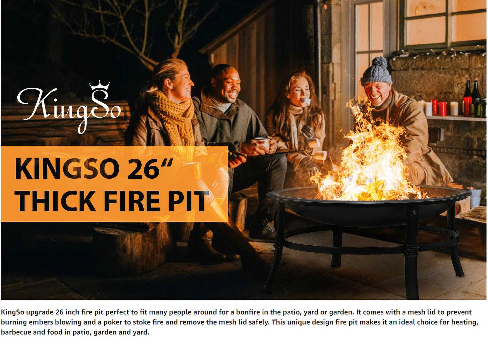 KingSo 22 inch Wood Burning Fire Pit for Camping Picnic Bonfire Patio Outside Backyard Garden Small Bonfire Pit Steel Firepit Bowl with Spark Screen, Log Grate, Poker - Womvr