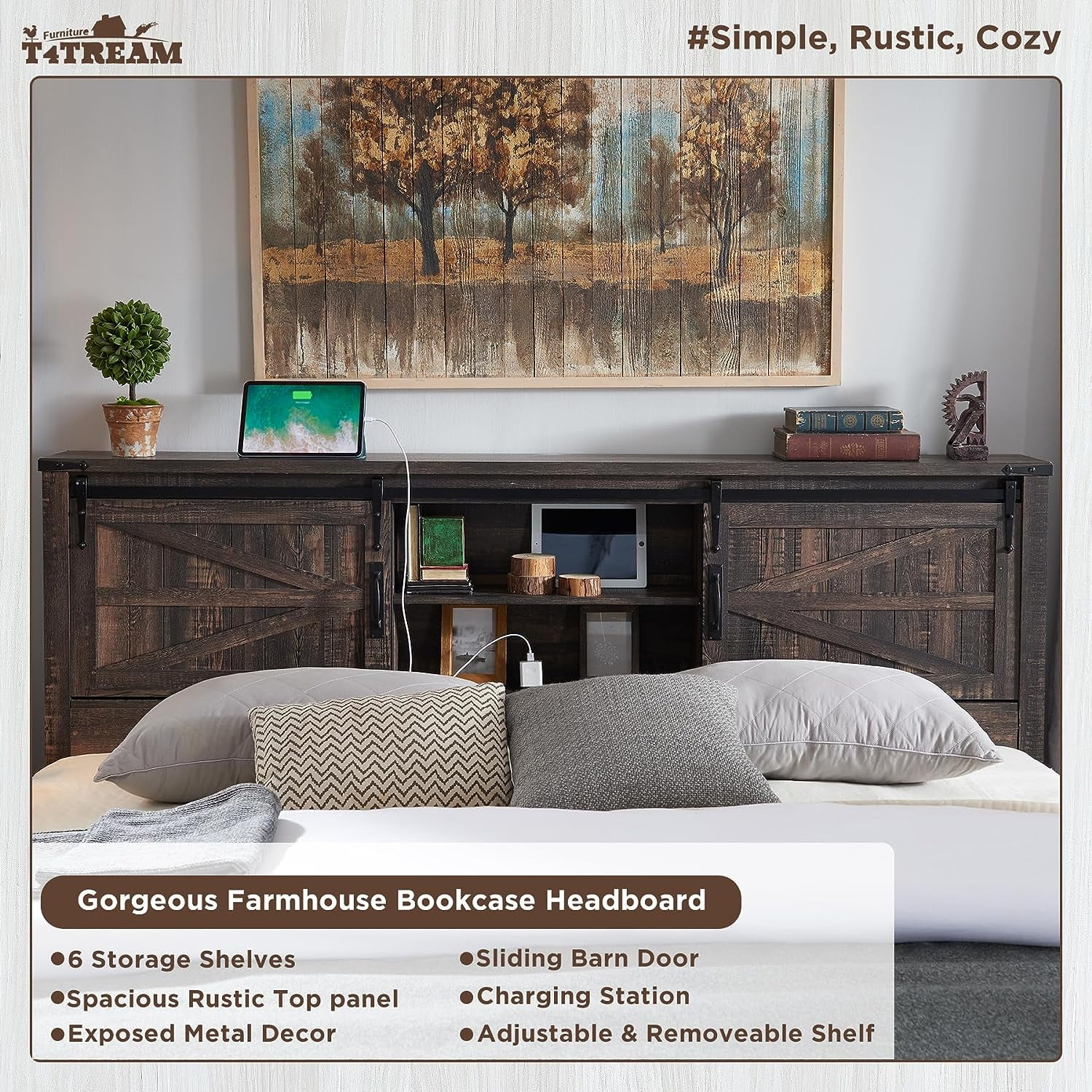 OKD Farmhouse Full Bed Frame, Wood Platform Bed with Bookcase Storage Headboard and Charging Station, No Box Spring Needed, Light Rustic Oak - Womvr