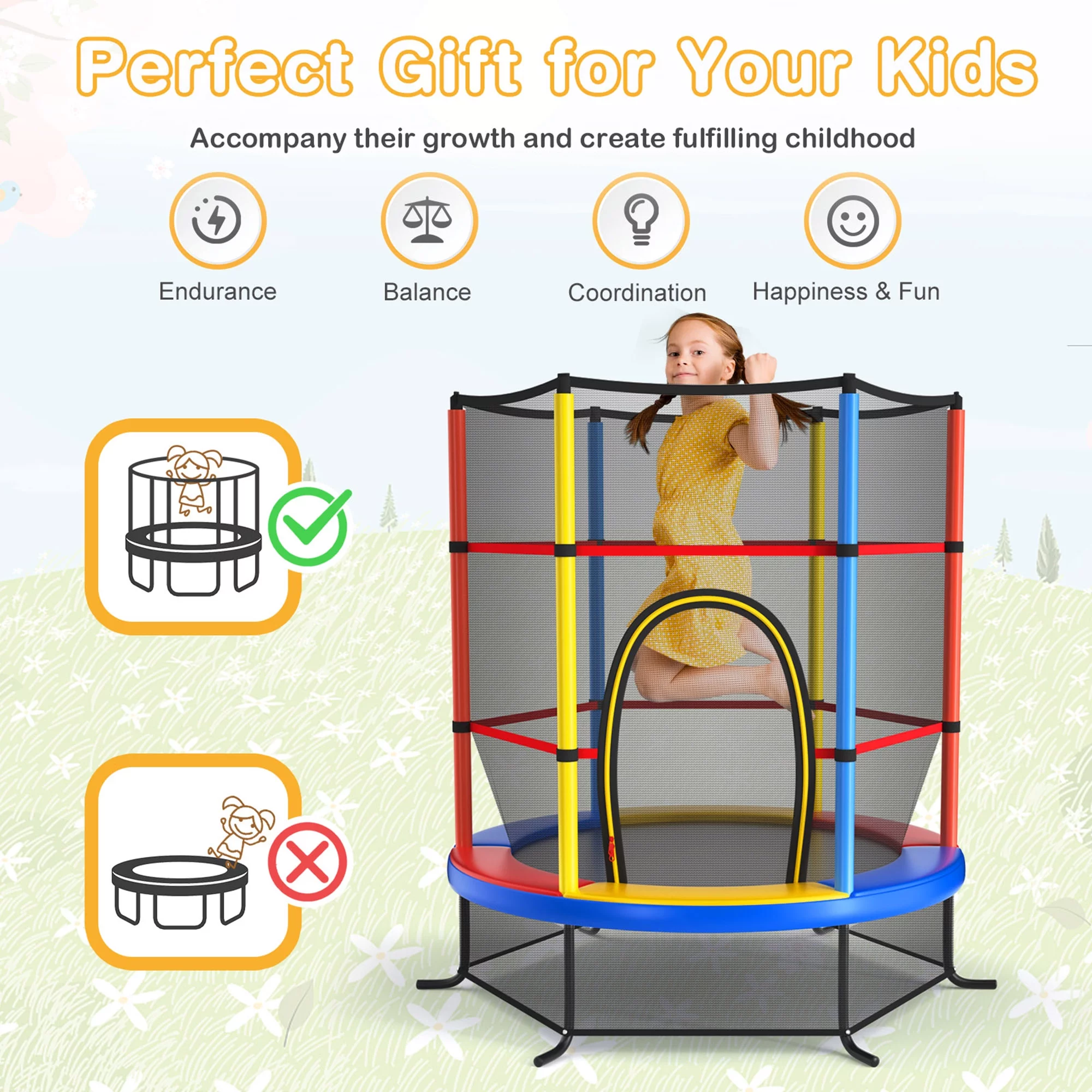 Gymax 55'' Recreational Trampoline for Kids Toddler Trampoline w/ Enclosure Net Navy - Womvr