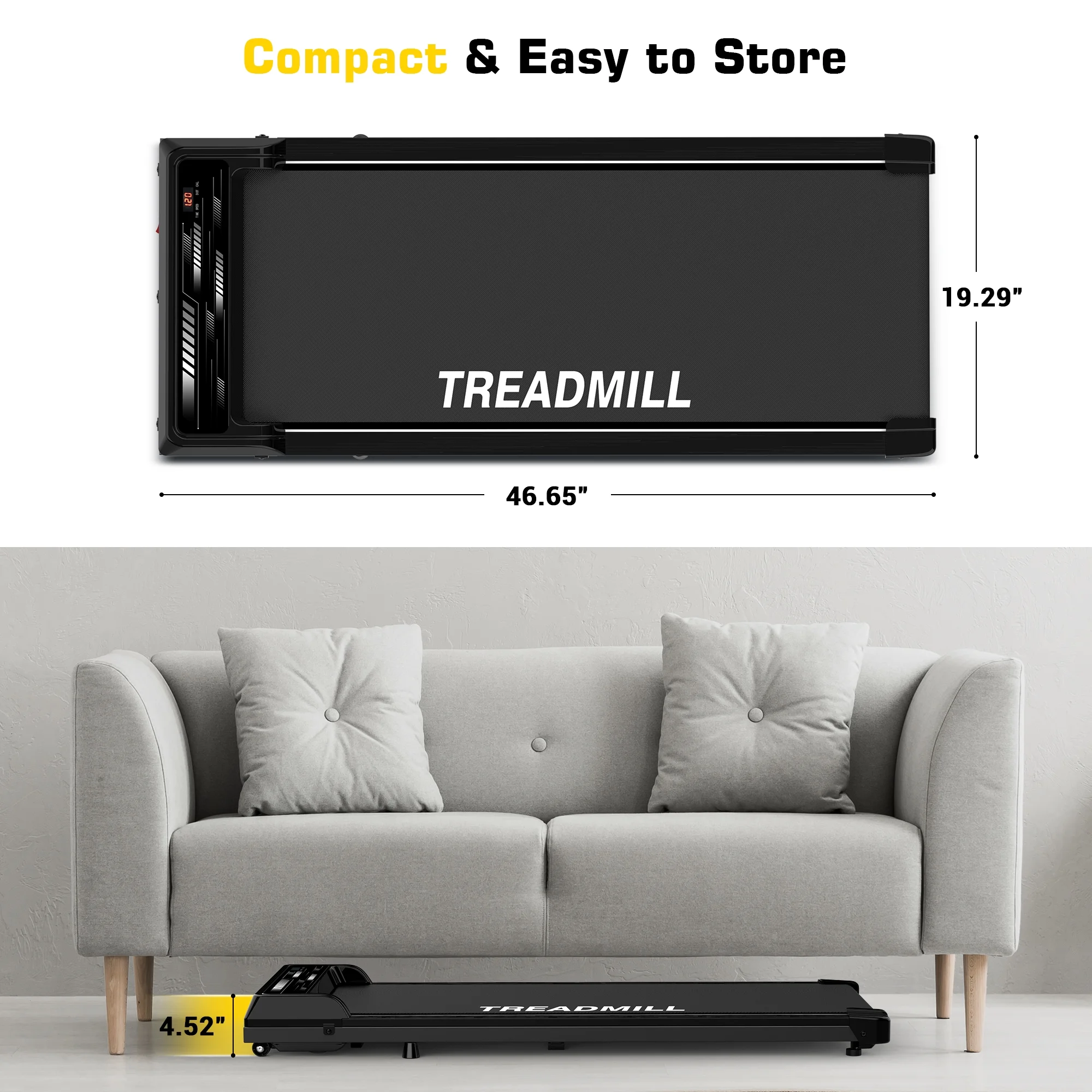 Under Desk Treadmill Walking Pad Portable 265lbs 2.25HP with Remote, Led Display for Home, Black - Womvr