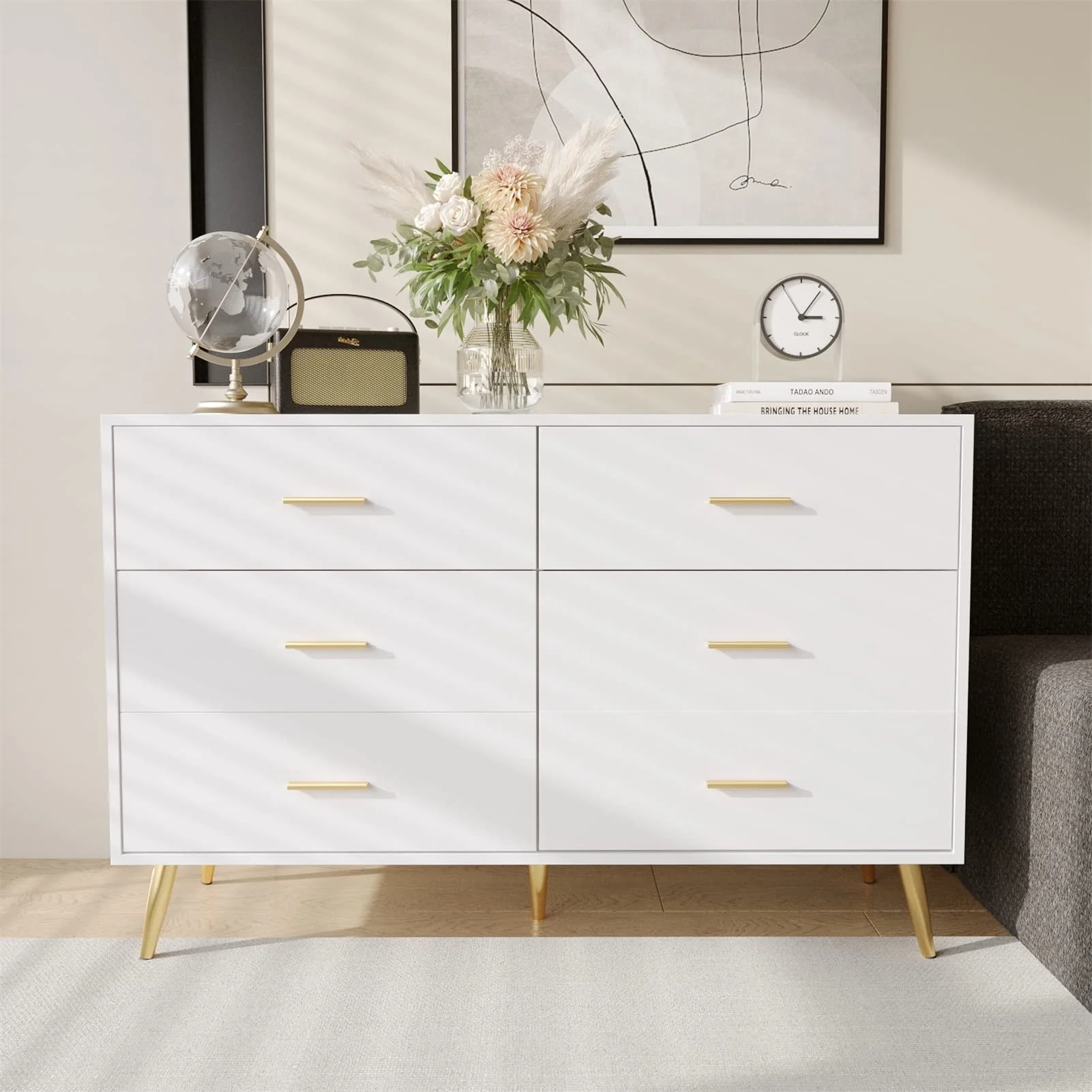 6 Drawer Dresser, Mid-Century Modern Chest Of Drawers, Double Dresser Storage Cabinet For Bedroom Living Room Hallway(White-6 Drawers) - Womvr