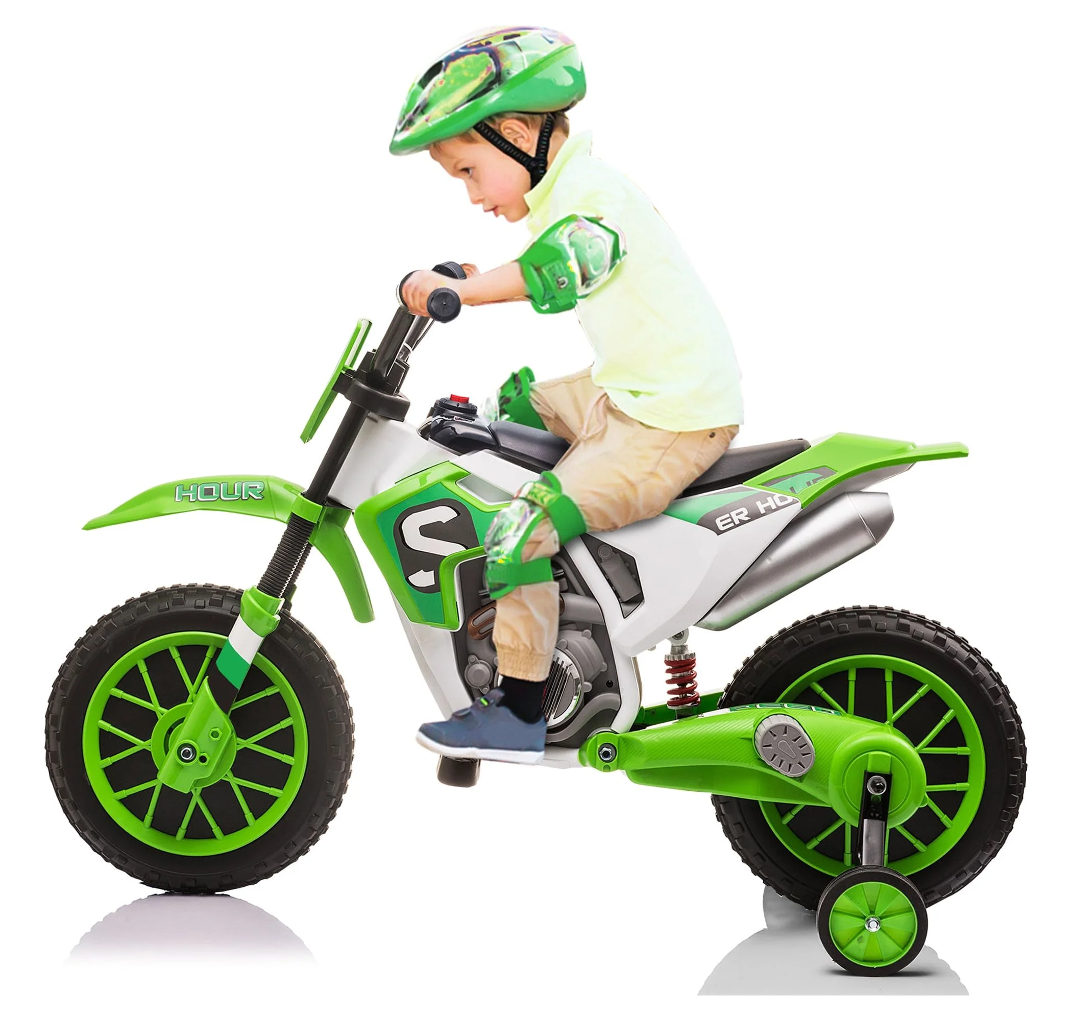 TOBBI 12V Kids Motorcycle off- Road Ride on Dirt Bike W/ Training Wheels, Age 3-8 Toddlers, Green - Womvr