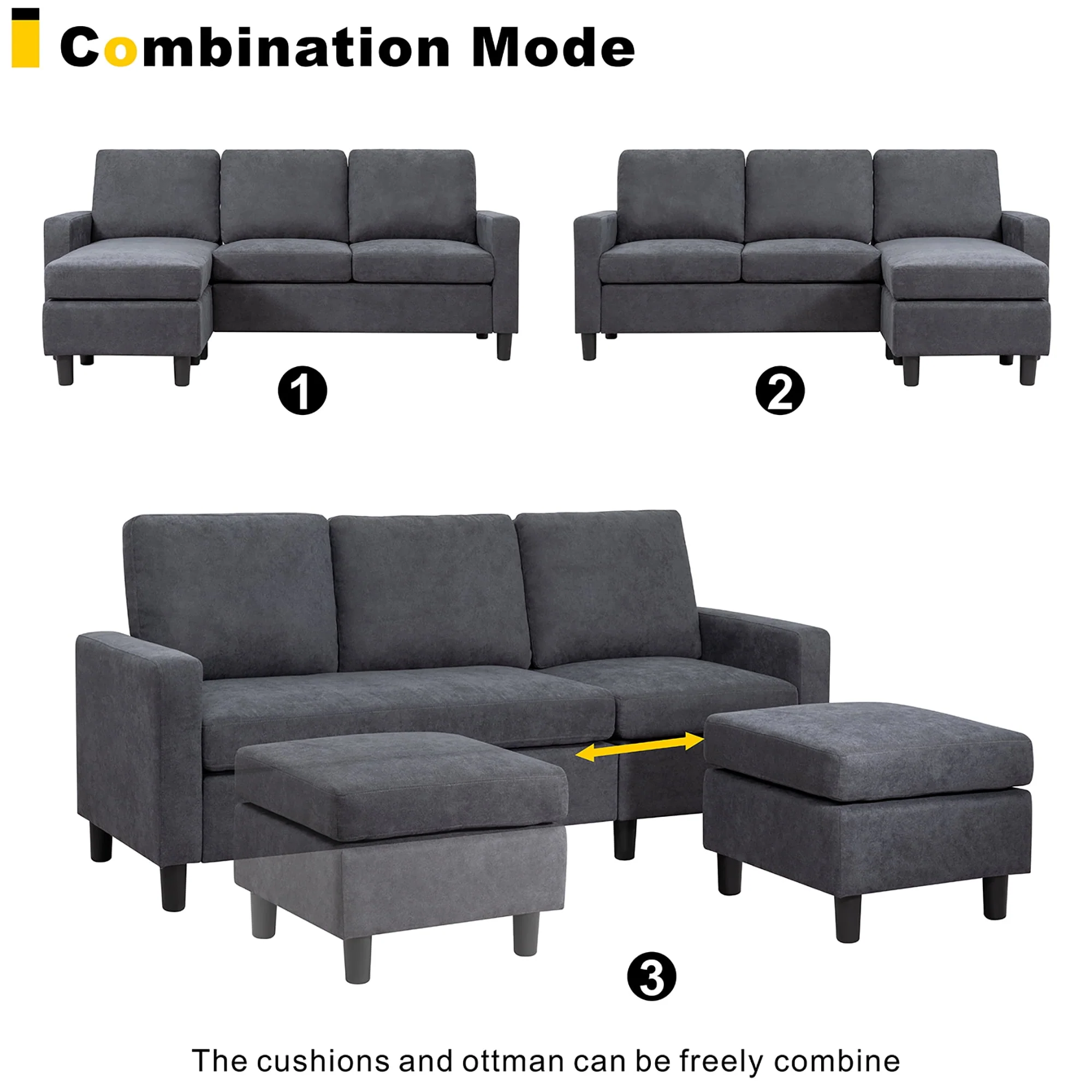 Walsunny Convertible Sectional L-Shaped Sofa with Modern Linen Fabric(Grayish Black) - Womvr