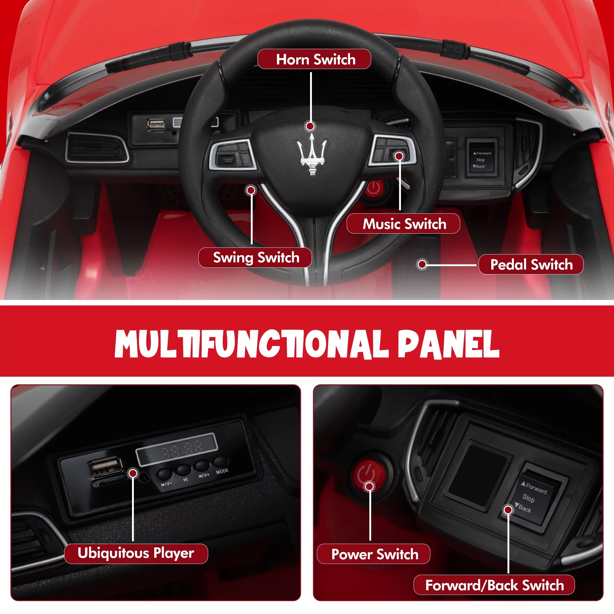 12V Maserati Licensed Kids Ride on Car Battery Powered Toy Car W/ Remote Control LED MP3 USB, Pink - Womvr