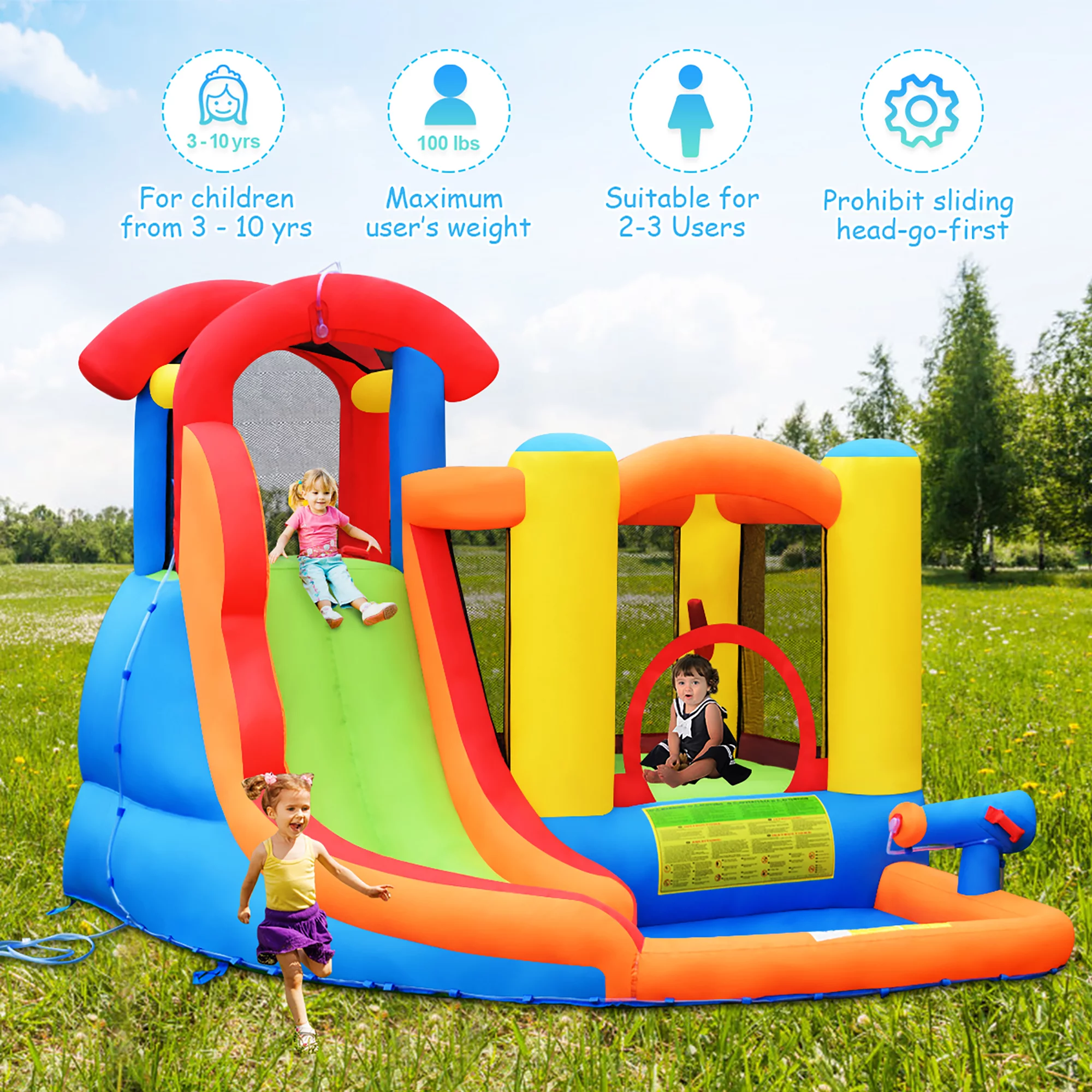 Costway Inflatable Bounce House Water Slide w/ Climbing Wall Splash Pool Water Cannon - Womvr