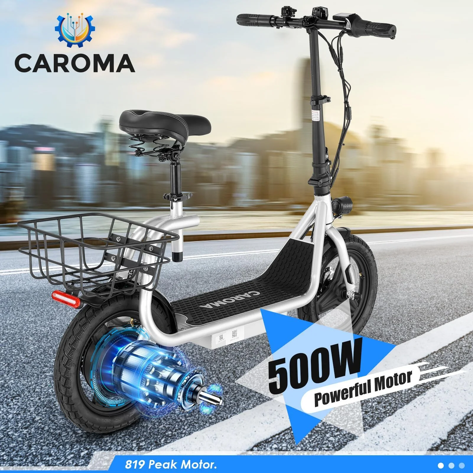 Caroma 500W Electric Scooter with Seat for Adult, 14 inch Commuter Electric Scooter with Dual Shock Absorbers and Basket - Up to 25 Miles 20 MPH, Silver - Womvr
