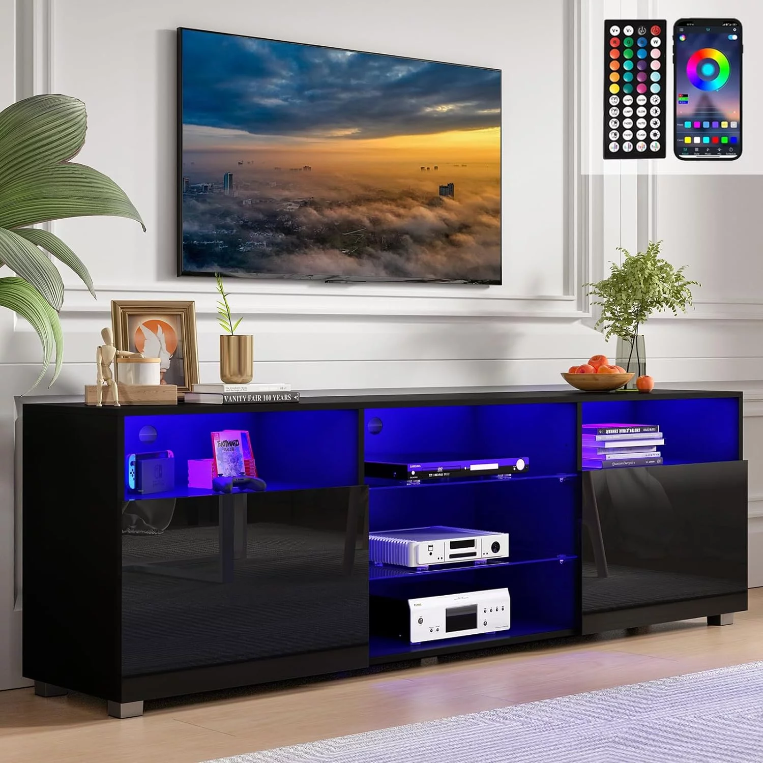 ChVans LED TV Stand for 65/70inch, High Glass Modern Entertainment Center with LED Lights and Glossy Cabinets(Black-65