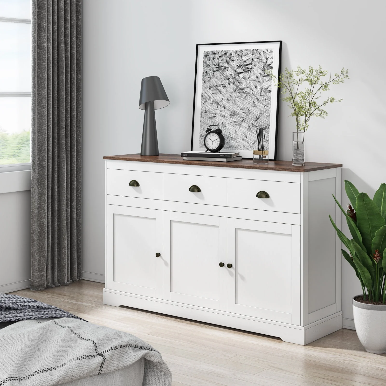 Homfa Sideboard Storage Cabinet with 3 Drawers & 3 Doors, 53.54'' Wide Buffet Cabinet for Dining Room, White - Womvr
