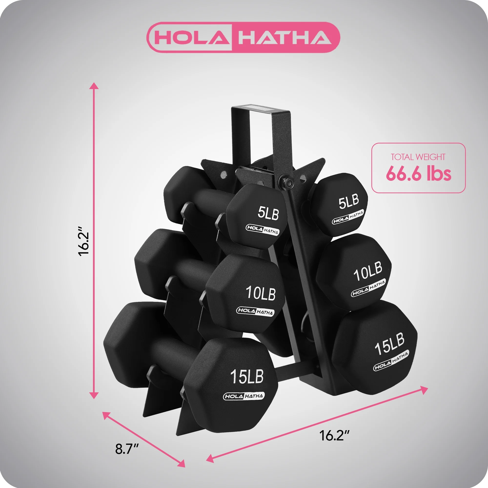 HolaHatha 3, 5, and 8 Pound Dumbbell Hand Weight Set with Storage Rack, Multi - Womvr