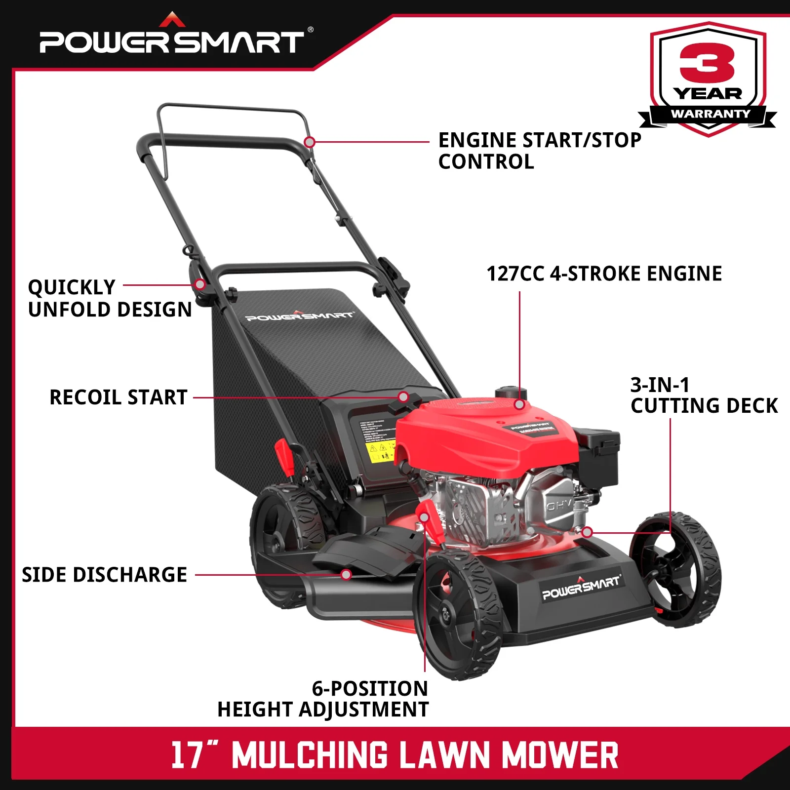 PowerSmart Push Gas Lawn Mower 17-Inch 127cc Engine, 3-in-1 with Bagger, 6-Position Height Adjustment - Womvr