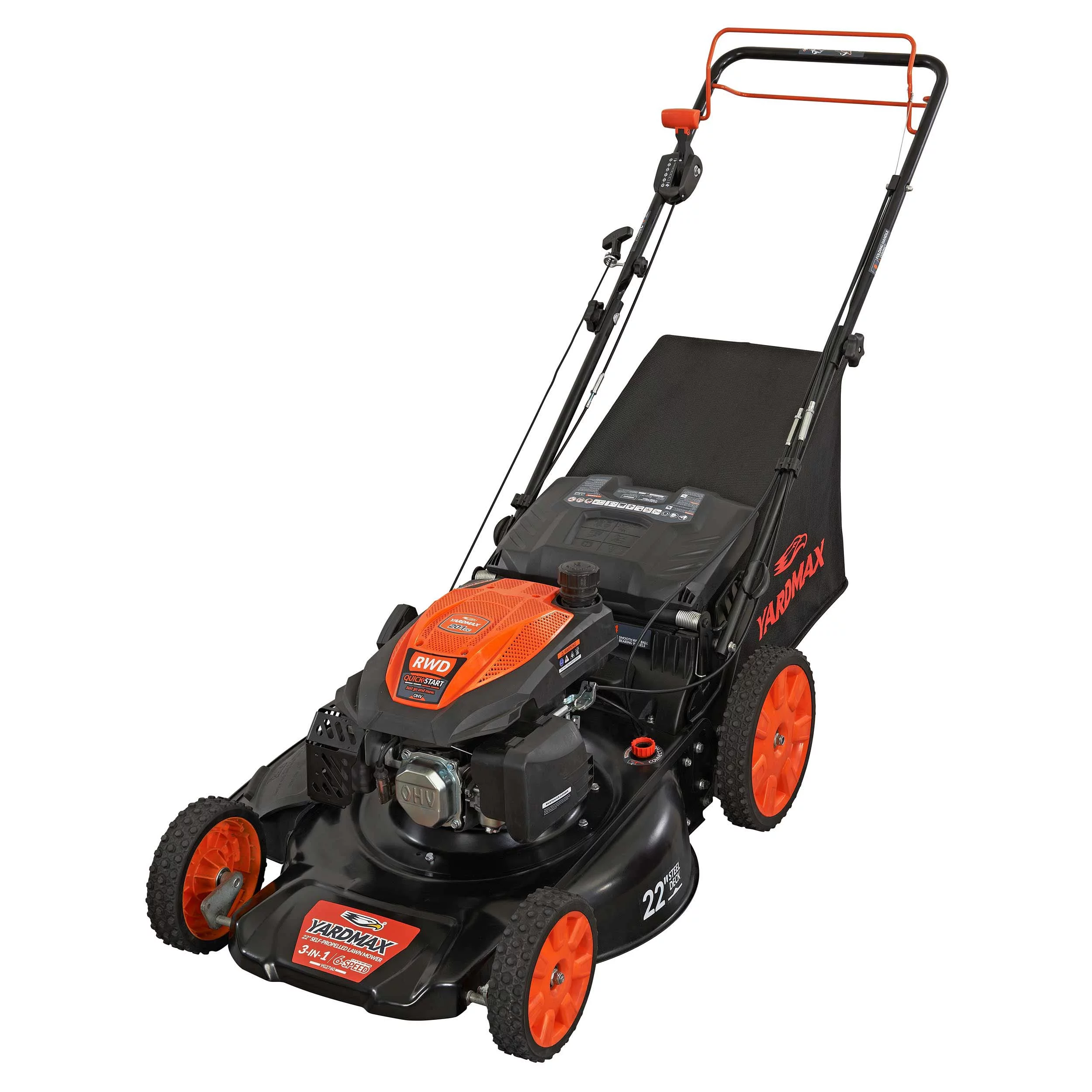 Yard Max 22 in. 201cc SELECT PACE 6 Speed CVT High Wheel RWD 3-in-1 Gas Walk Behind Self Propelled Lawn Mower - Womvr