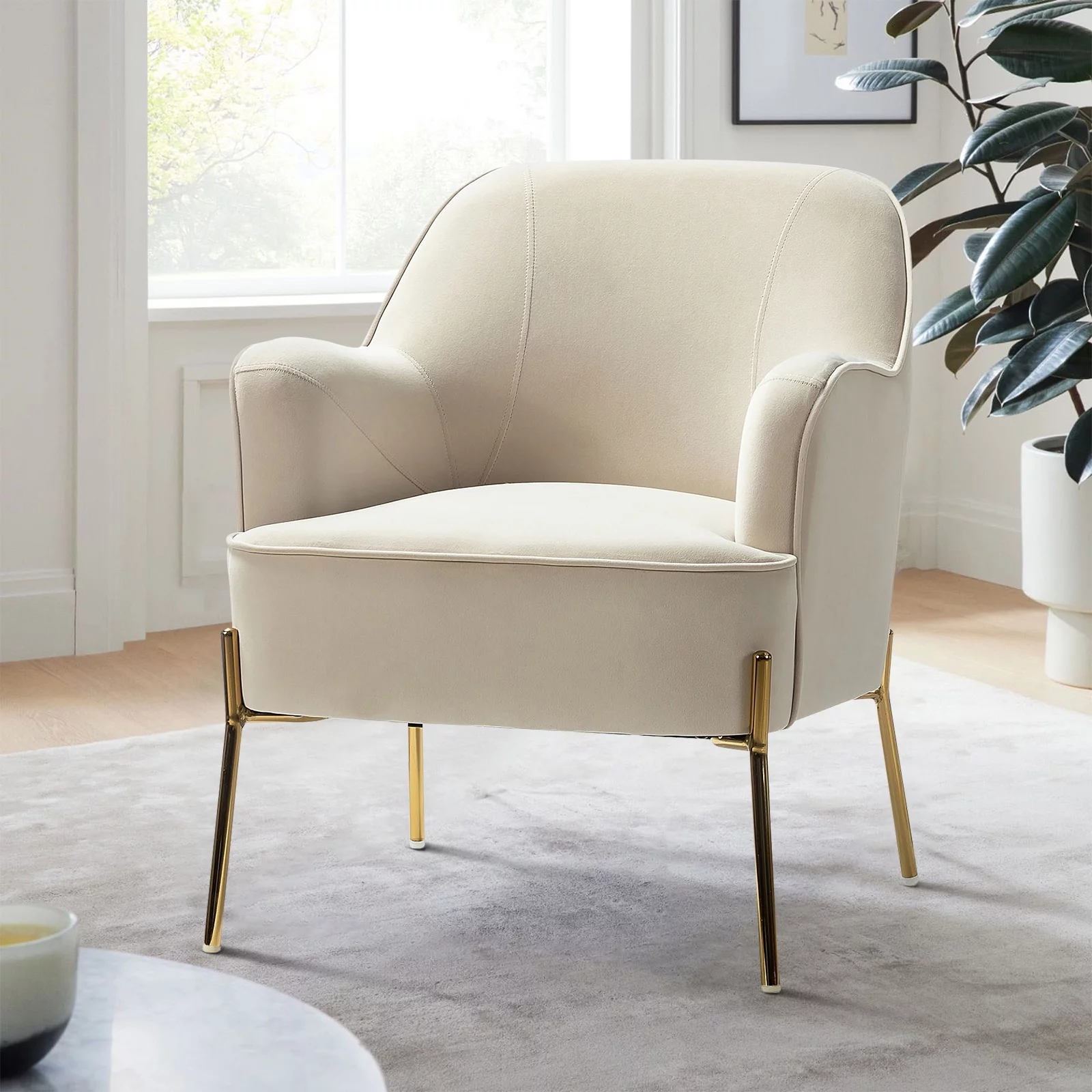 Velvet Upholstered Accent Chair Metal Legs Curved Backrest Lounge Home Armchair Bedroom Adult Pink - Womvr