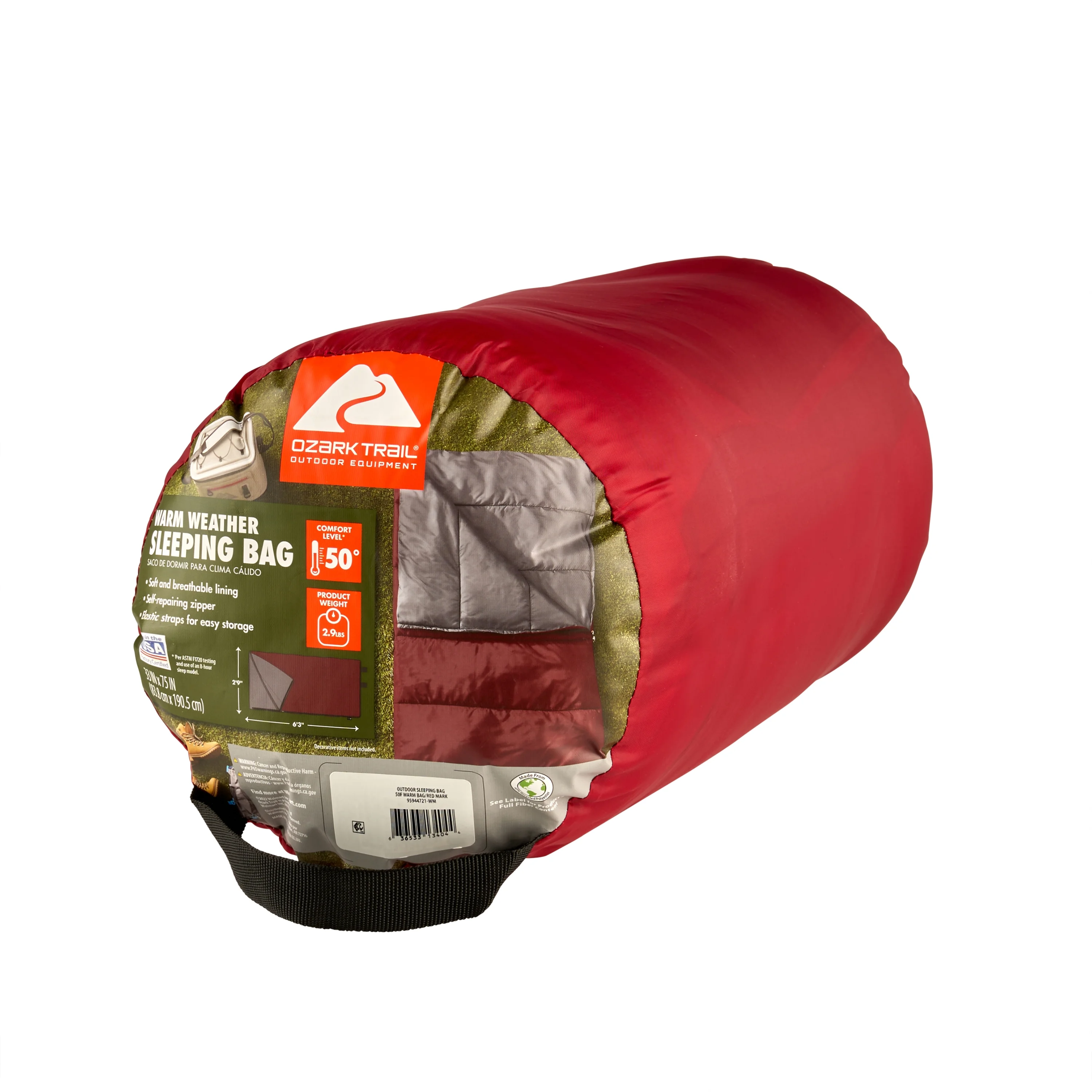 Ozark Trail 50-Degree Warm Weather Rectangular Sleeping Bag, Red, 33