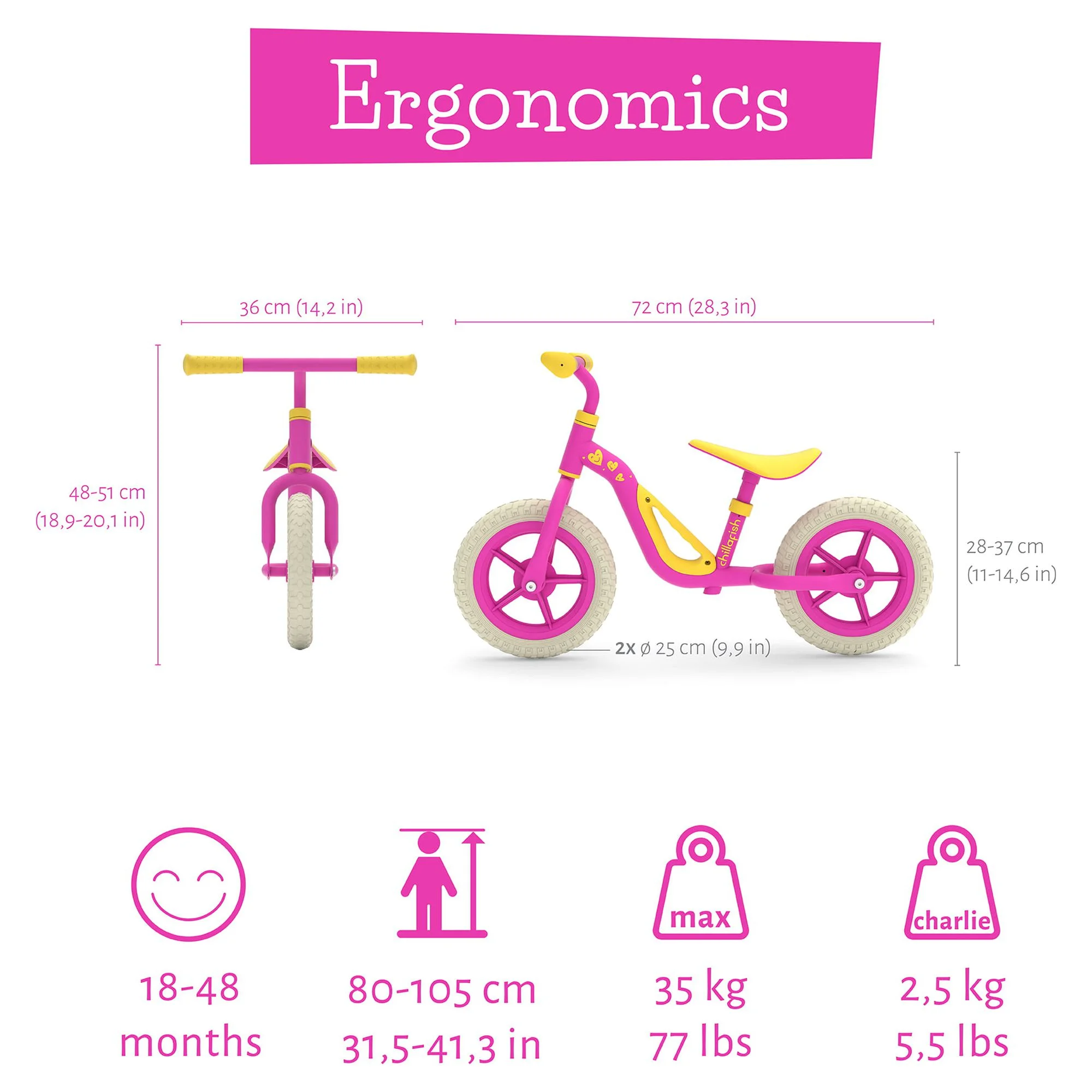 Chillafish Charlie lightweight toddler balance bike with carry handle, adjustable seat and handlebar, puncture-proof 10-inch wheels, for kids 18-48 months, Red - Womvr